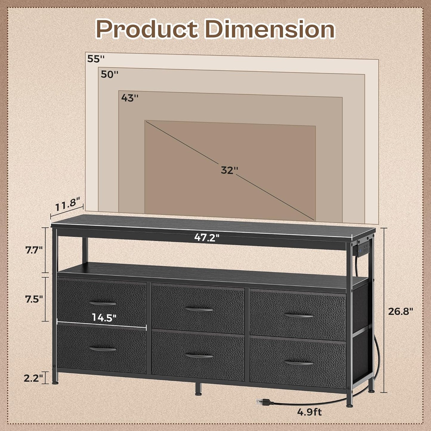 LED TV Stand for Bedrooms and Living Rooms, 47-Inch Dresser with Storage for 43, 50, and 55-Inch TVs, Black Entertainment Center with Power Outlets and 6 Drawer Fabric Dresser
