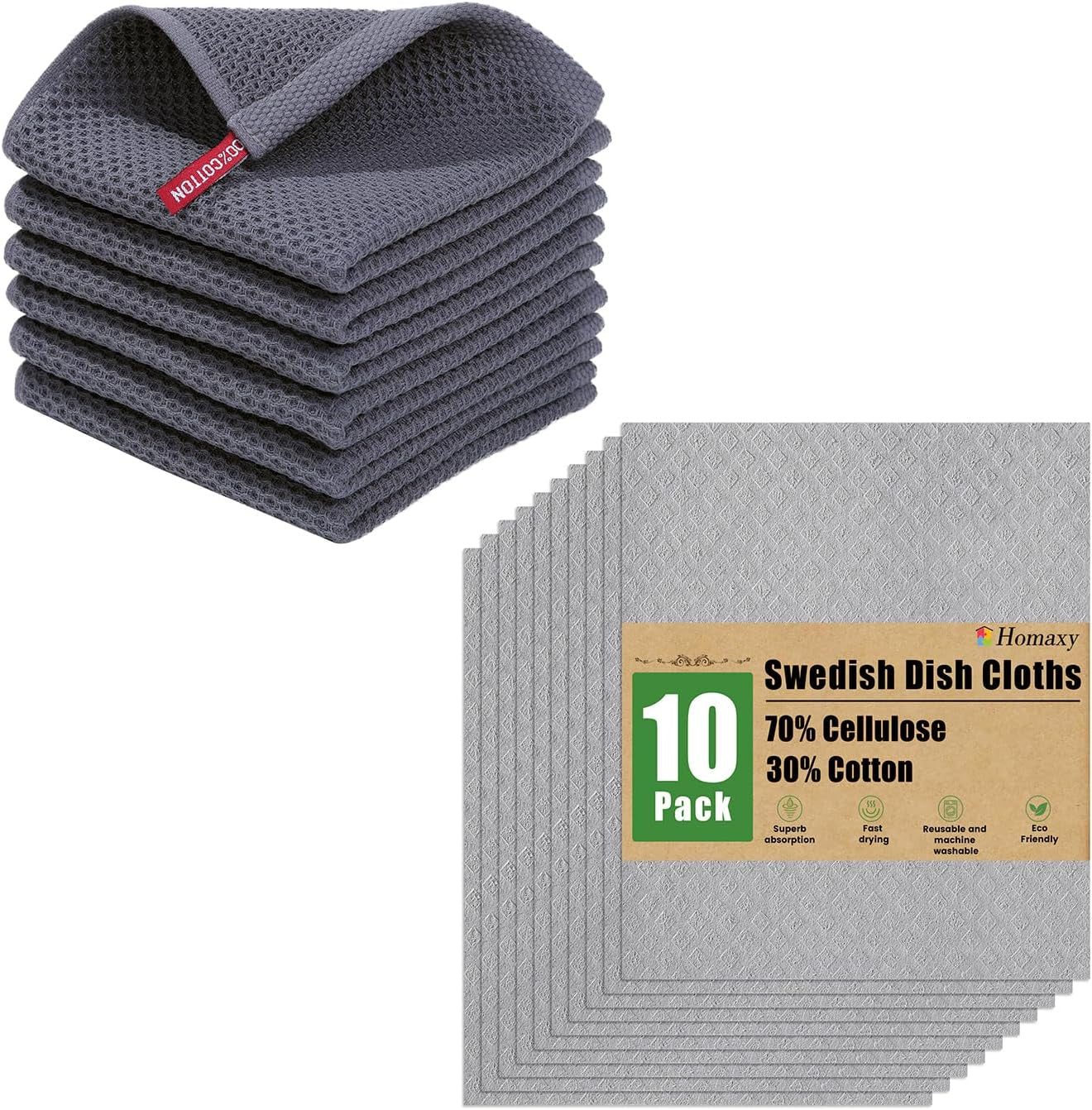 100% Cotton Kitchen Dish Cloths(Dark Grey, 12 X 12 Inches, 6-Pack) and Swedish Dishcloths for Kitchen(Grey, 10 Pack), Reusable and Eco-Friendly Cellulose Sponge Cloths