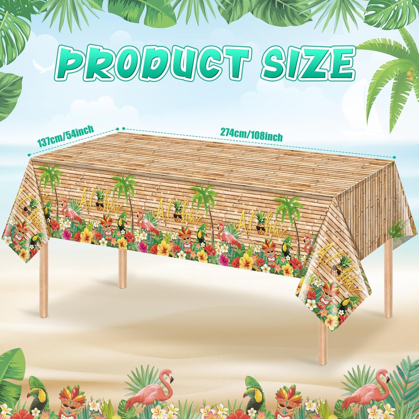 3Pcs Hawaiian Luau Tablecloth Tiki Party Tablecloths Tropical Table Cloth Plastic Disposable Rectangle Table Covers for Tiki Bar Tropical Summer Beach Pool Birthday Party Decorations ,108X 54 Inch