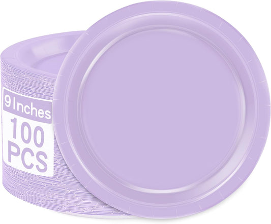 Disposable Plates, 100 PCS Lavender Paper Plates, 9 Inches Light Purple Sturdy Paper Plates round Microwave Safe Dinner Plates Tableware Bulk Supplies for Daily Use Birthday Picnic Camping