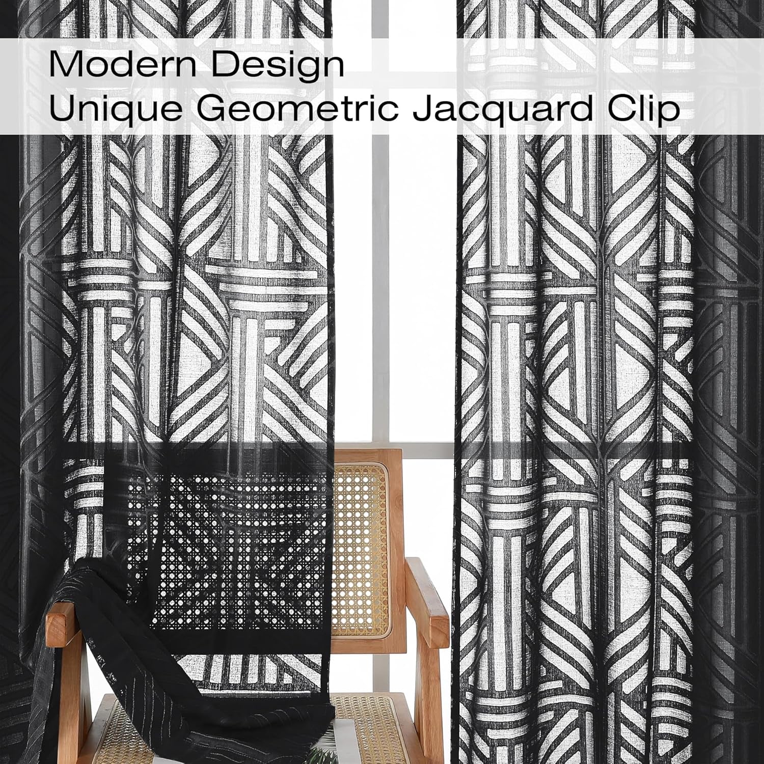 Black Sheer Kitchen Curtains 36 Inch Length Tier Curtains 2 Panels, Light Filtering Geometric Jacquard Clip Textured Semi Sheer Short Window Curtains for Bathroom, 42X36 Inch