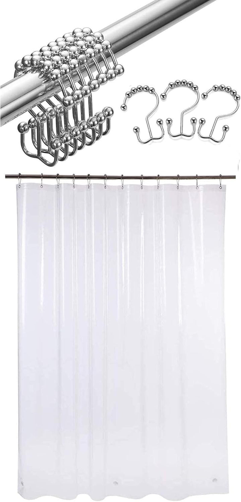 Set of 72 W X 72" H Plastic Shower Curtain, Stainless Steel Shower Curtain Rings Metal Double Glide Shower Hooks for Bathroom Shower Rods Curtains