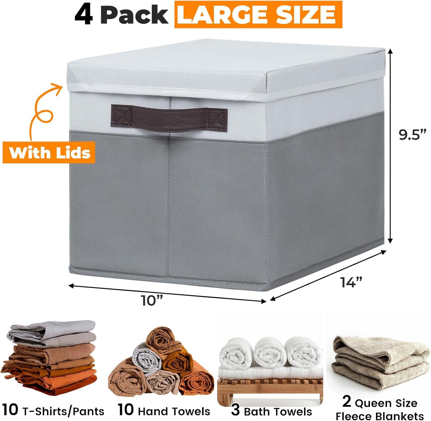 Large Storage Baskets Bins with Lids 4 Pack, Storage Baskets for Organizing Shelves Nursery Bedroom, Home Closet Organizers Cubes for Clothes Toys Blanket - Stackable & Sturdy -14X10X9.5