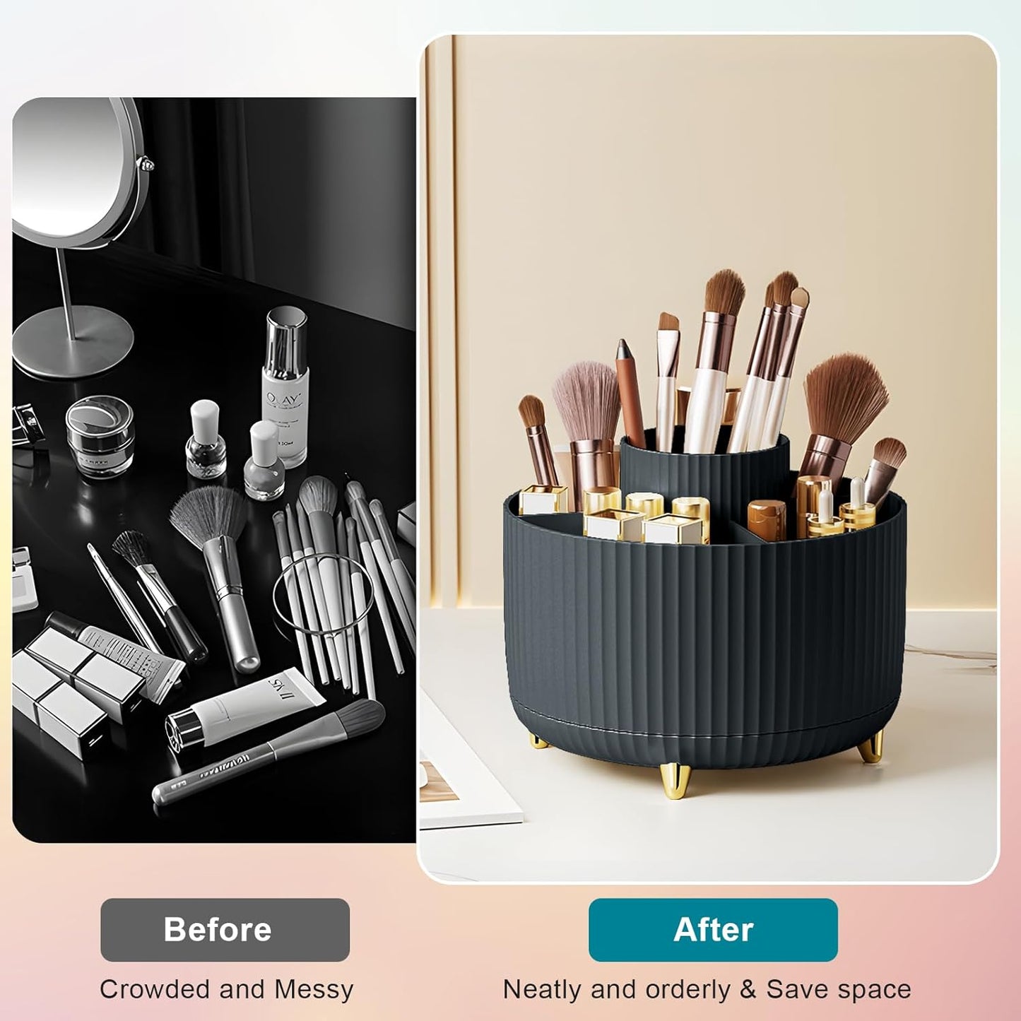Makeup Brush Holder Organizer,360° Rotating Makeup Brush Organizer,5 Slot Make up Brushes Cup for Cosmetics, Nail Polish, Art Supply, Bathroom Vanity Desktop Organizer - Black
