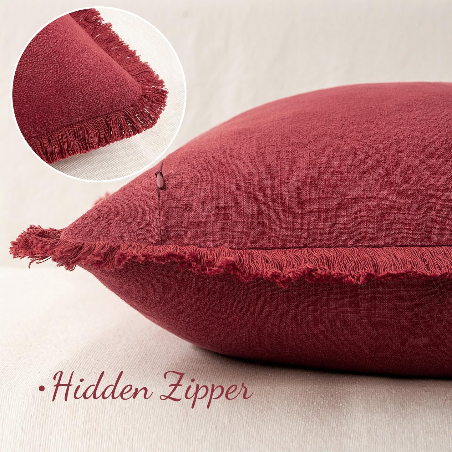Linen Pillow Covers 18X18 Inch Decorative Throw Pillows with Fringe Pack of 4 Soft Farmhouse Boho Couch Pillows Home Decors for Sofa Cushion Living Room Bed Dark Green and Burgundy