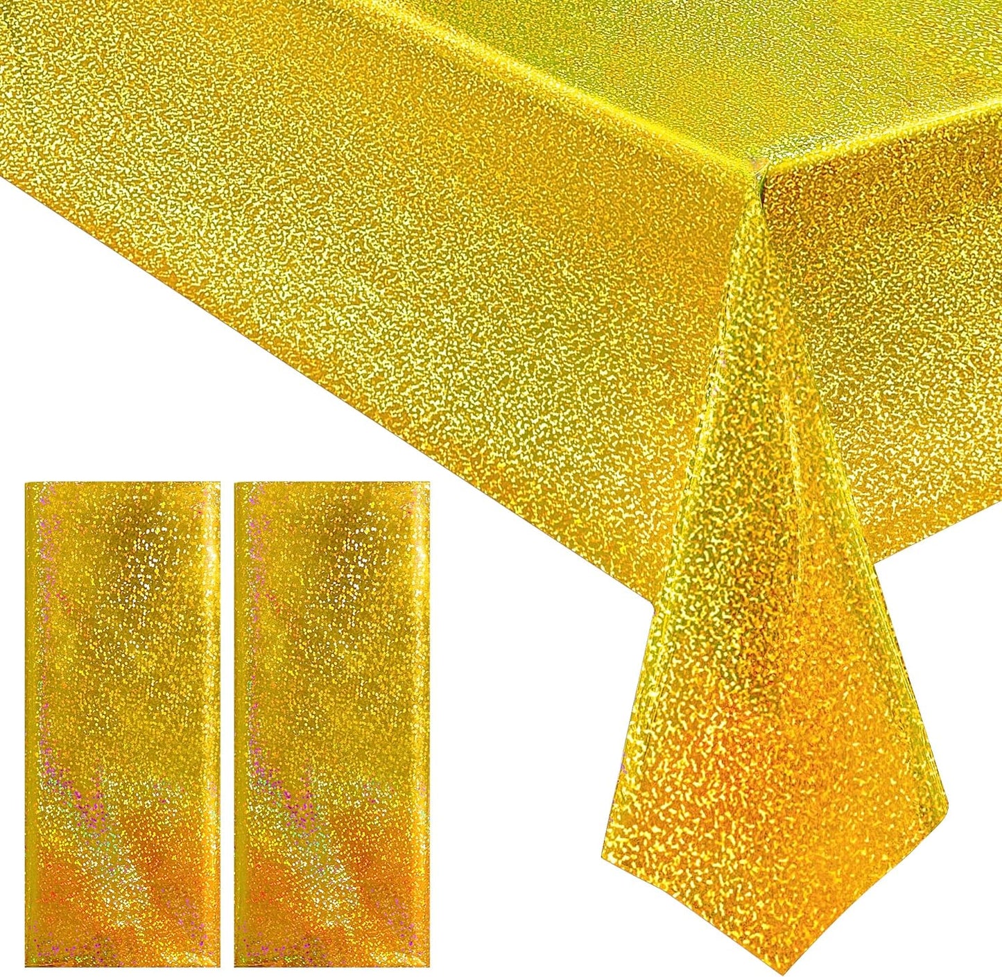Gold Holographic Tablecloths - Set of 2, 40" x 108", Laser Shiny Plastic Glitter Foil Covers for Christmas, Weddings, Graduations, Baby Showers, 1920s Birthday Parties, and Anniversaries