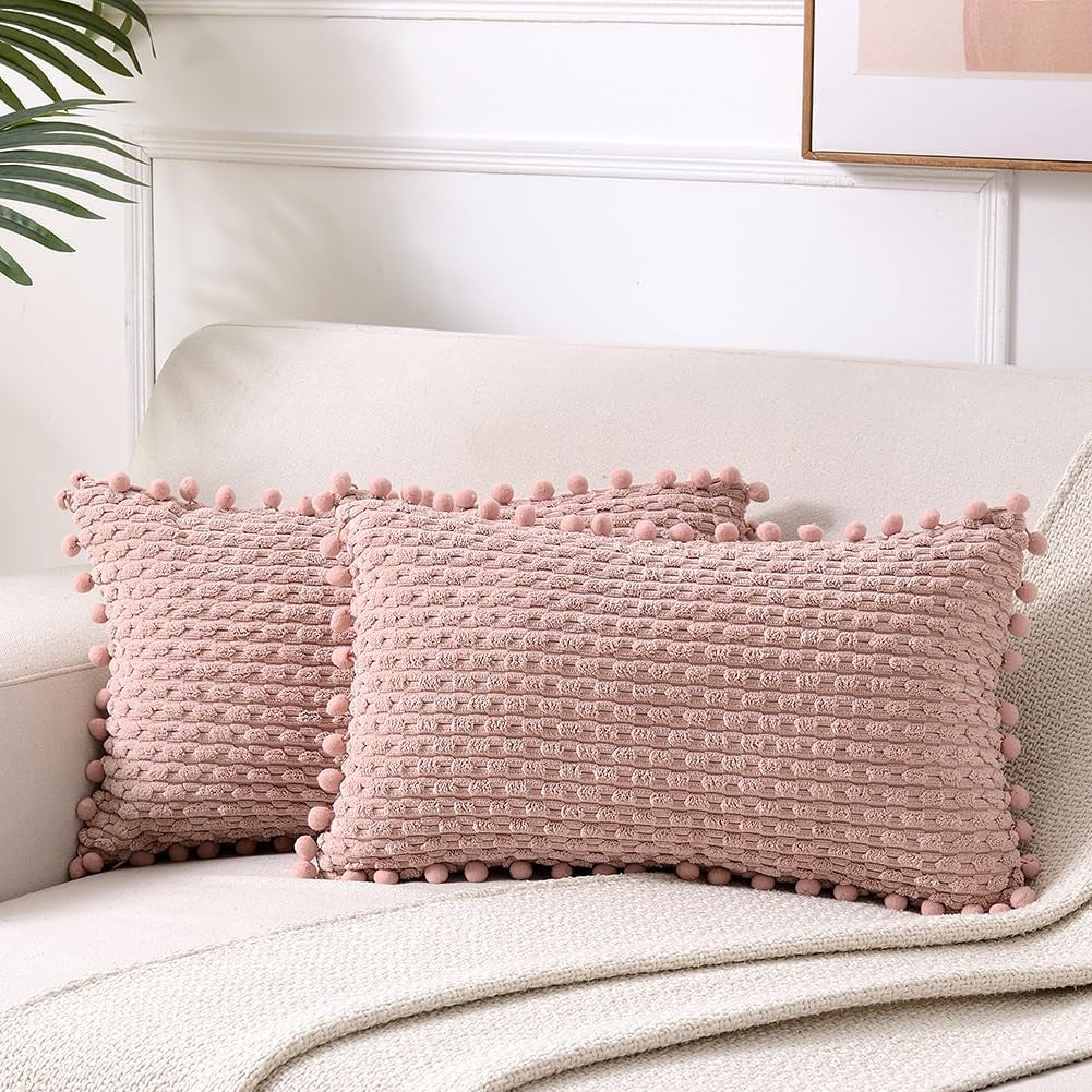2 Packs Dusty Pink Decorative Throw Pillow Covers 12X20 Inch for Couch Bed Sofa, Modern Farmhouse Boho Home Decor, Soft Cute Plush Corduroy Cushion Case 30X50 CM