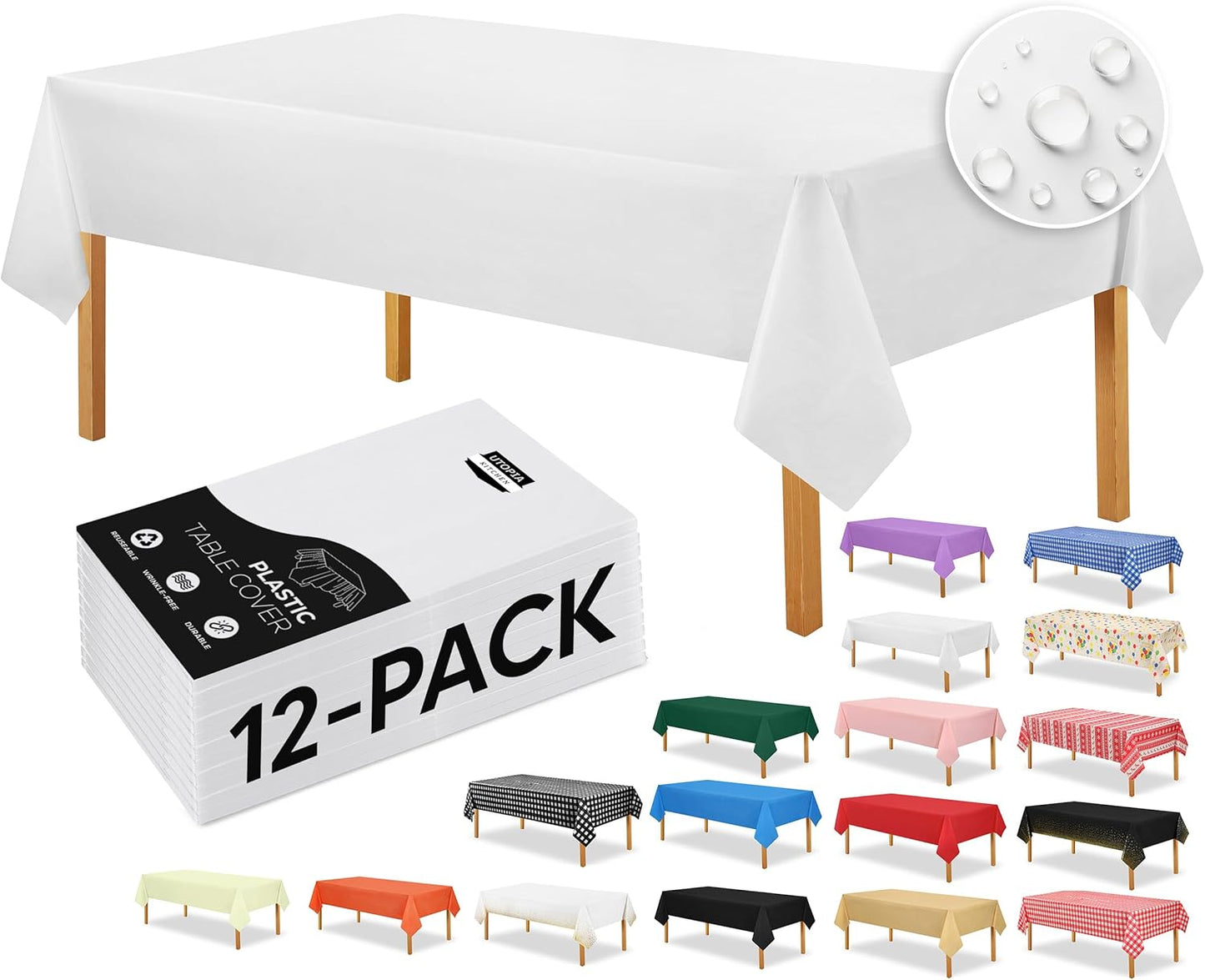Plastic Table Cloth Disposable (12 Pack - 54X108 Inch) White Rectangle Tablecloth Waterproof Stain Resistant Party Table Cover