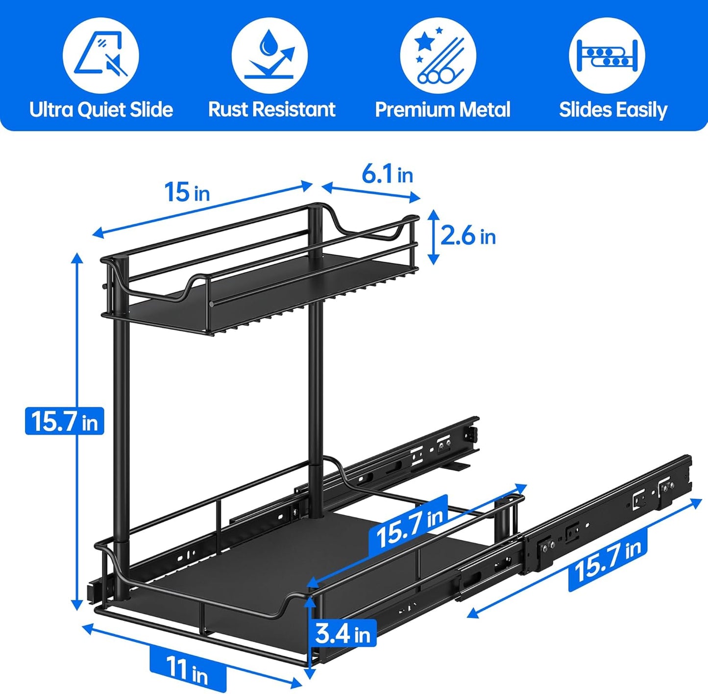 under Sink Organizer, Pull Out Cabinet Organizer with Upgraded Slides, Slide Out Sink Shelf Cabinet Storage Shelves, Storages for Kitchen Bathroom