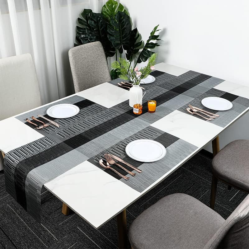 Woven Vinyl Table Runners PVC Table Runners 12 X 36 Inch Wipe Clean Reversible Plastic Weave Tabletop Counter Decor Mats Indoor Outdoor, Ombre Black and Gray