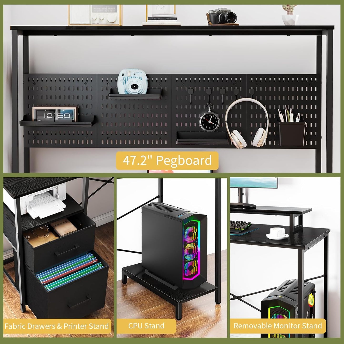 L Shaped Desk with Pegboard, Reversible Computer Desk with Drawers & Storage Shelves, Gaming Desk with LED Lights & Power Outlets, Office Desk with Monitor Stand Corner Desk Home Office Desks