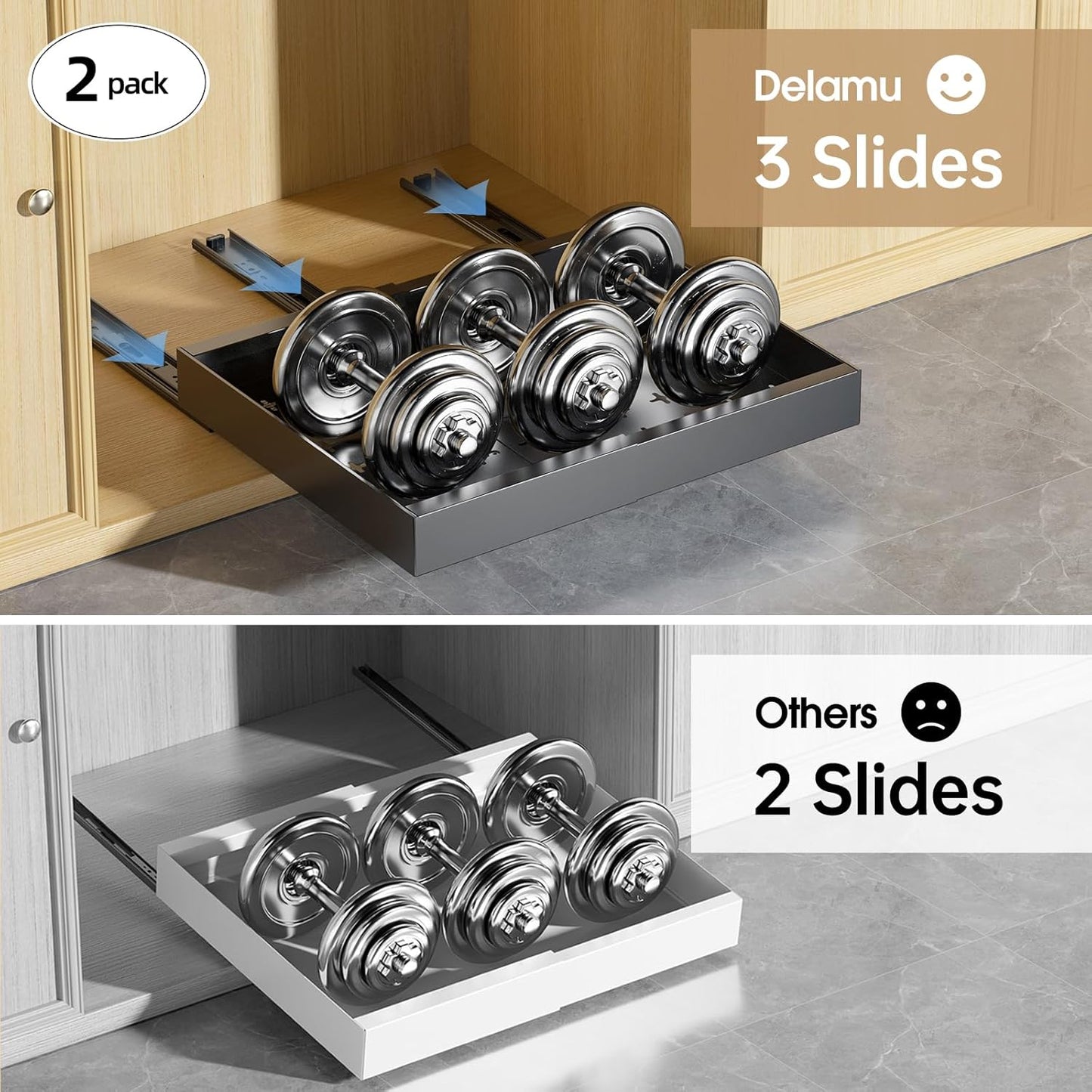 2 Pack 16" Deep Pull Out Cabinet Organizer with 6 Dividers, Expandable (11.7 "-20" W) Pull Out Drawers for Cabinets, Cabinet Trays Pull Out for Cabinets in Kitchen, Pantry or Bathroom
