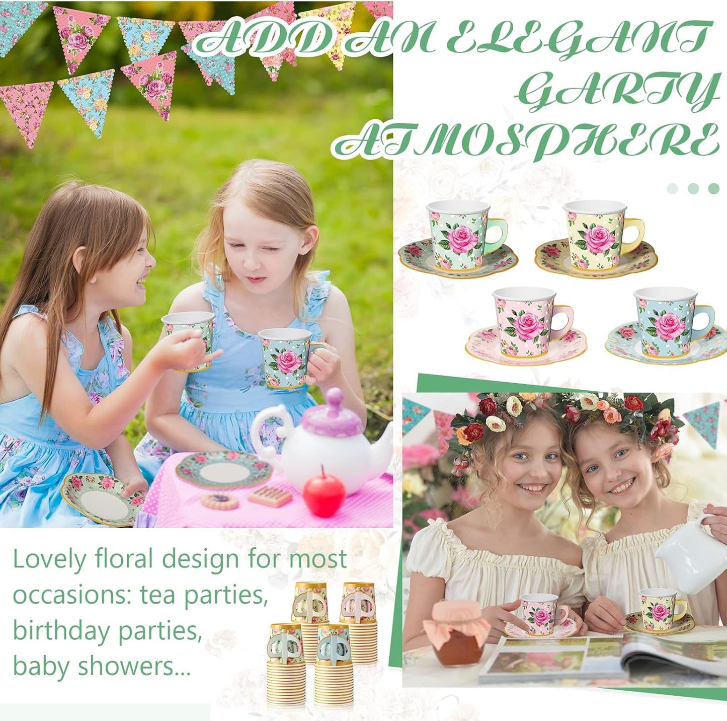 98-Piece Floral Tea Party Decoration Set: 26 Ft Bunting, 6.5 Oz Disposable Coffee Cups with Handles and Saucers, Ideal for Weddings and Birthdays (Classic)
