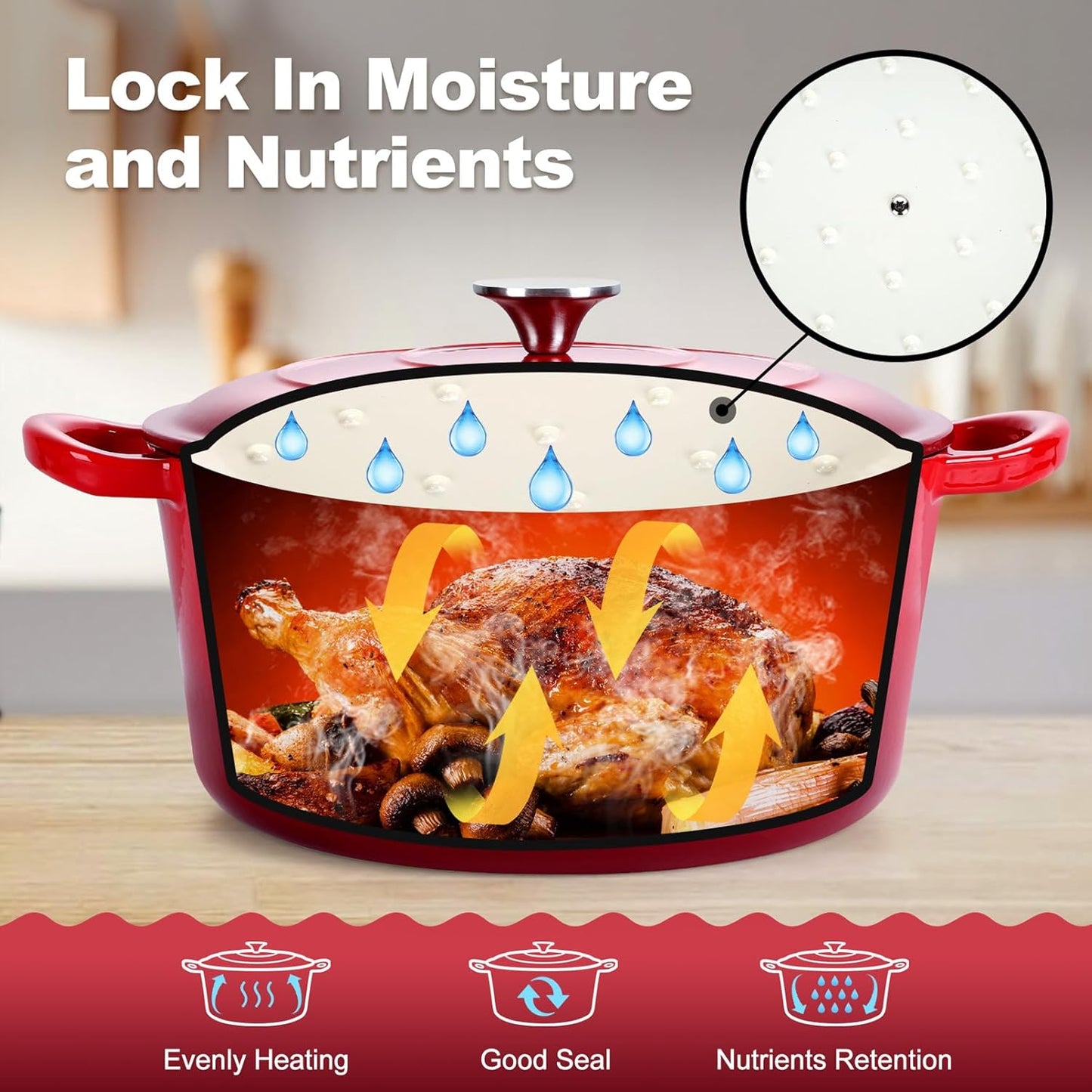 7QT Enameled Dutch Oven, Cast Iron Dutch Oven Pot with Lid for Bread Baking, Enameled Casserole Pot for Roasting Braising Stewing Frying Simmering, Various Stoves & Easy Clean, Red