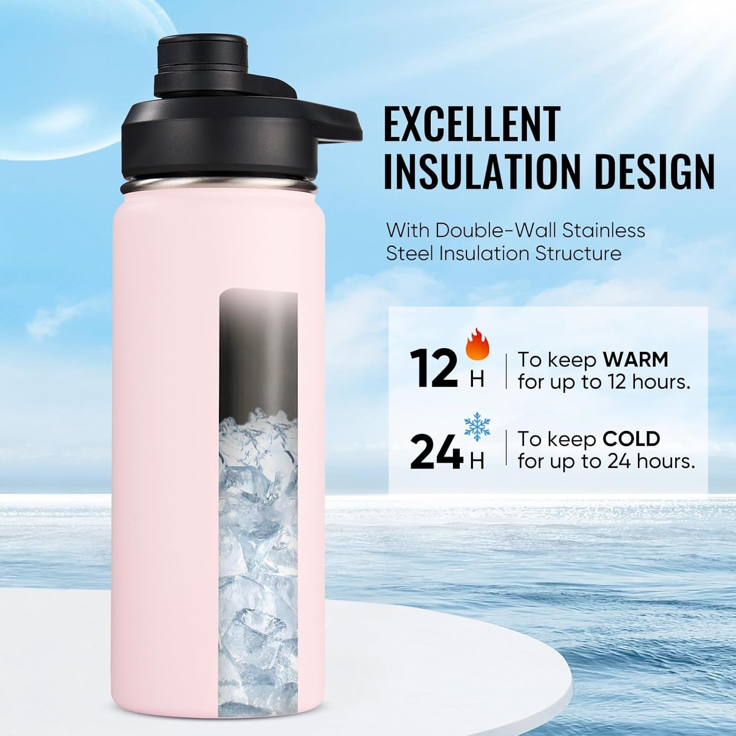 18 Oz Insulated Water Bottle with Handle, 304 Stainless Steel Water Bottles with Wide Mouth, Double Wall Vacuum Sports Water Bottle, BPA Free, Keep Cold and Hot, Pink