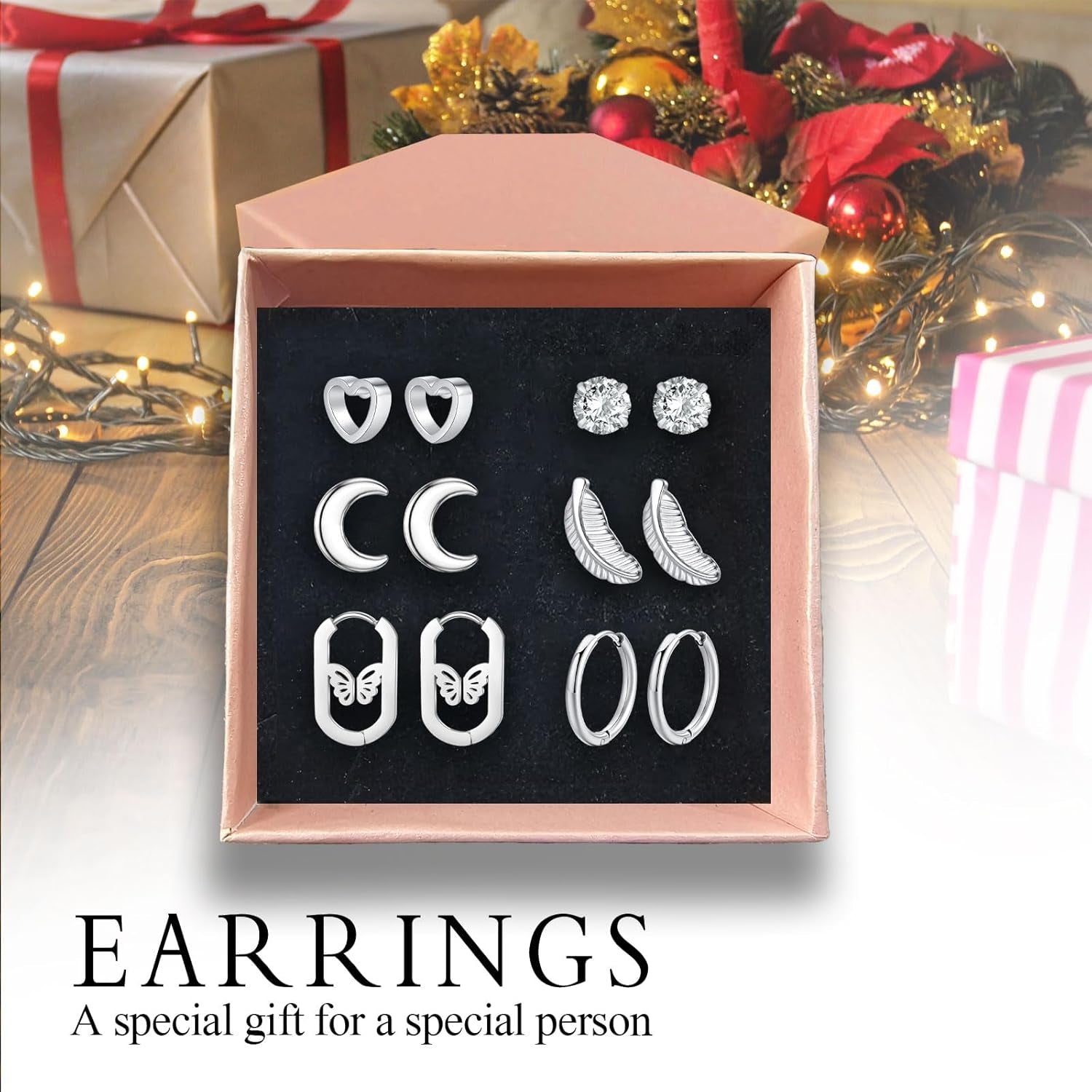 6 Pairs Stainless Steel Stud Earrings Set for Women Men Moon Heart Leaf Butterfly Circle CZ Studs Hypoallergenic Tiny Cartilage Stud Earrings Flatback Earrings