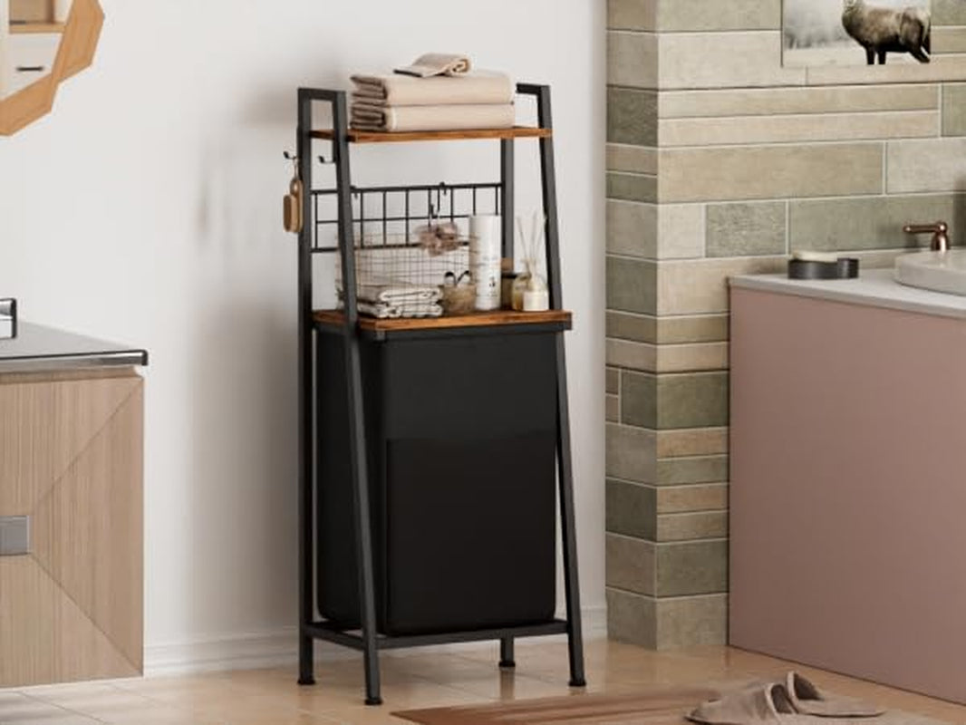 2-Tier Laundry Hamper with Wooden Shelf and Hooks, Vertical Design with Pull-Out Removable Bag, Divided Clothes Storage for Bathroom, Bedroom, and Dormitory