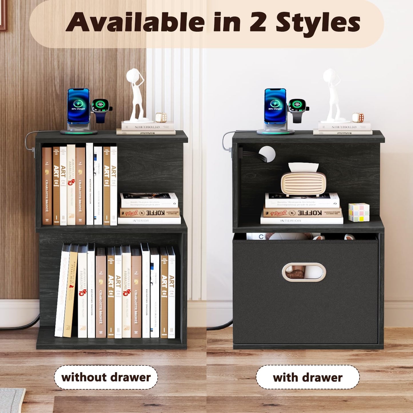 S Nightstand with Charging Station, 3 Tier Open End Table with Drawer, Wood Bedside Table with Storage for Living Room/Bedroom/Small Space, Black Oak