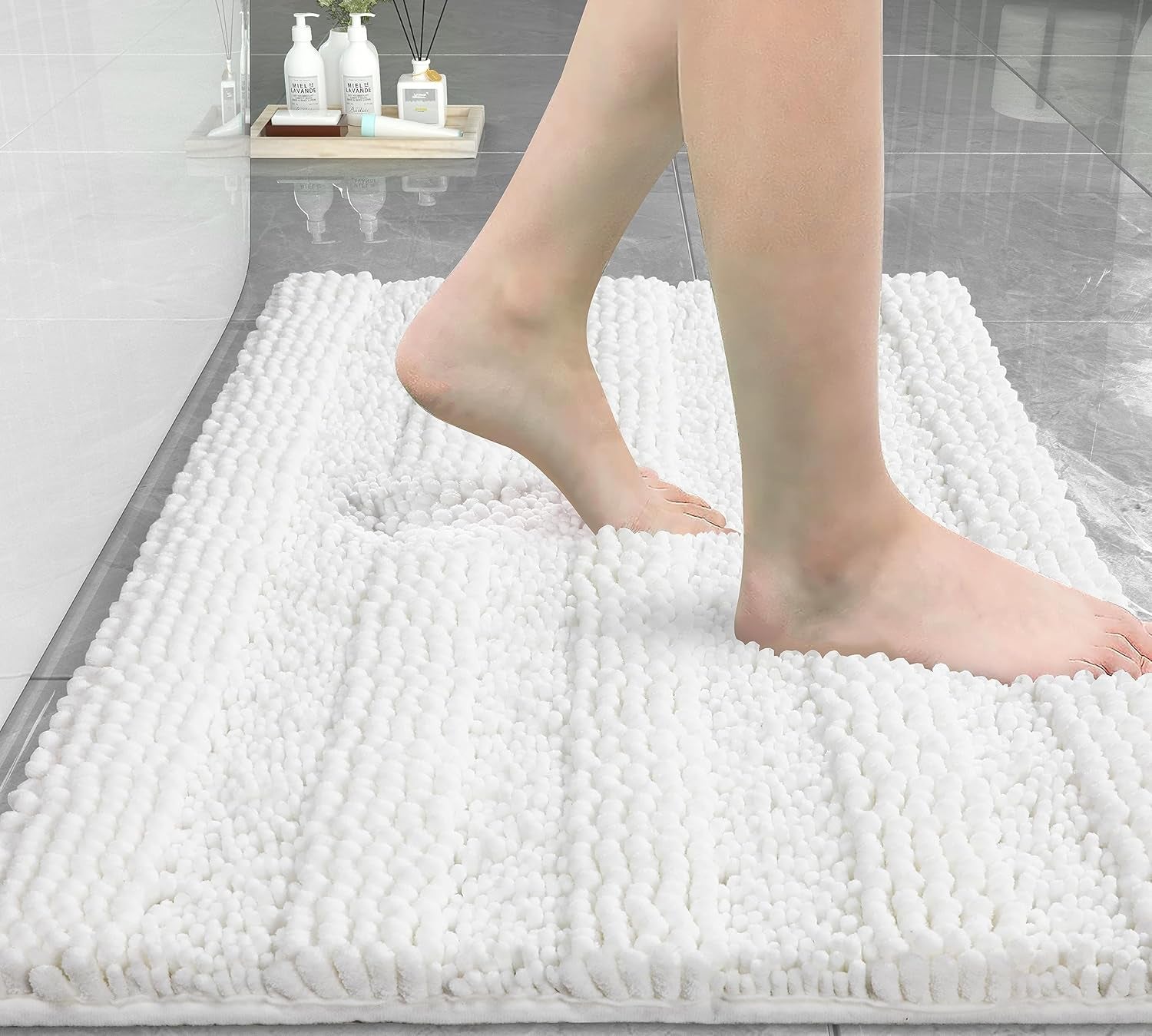 Bathroom Rug Mat 24 X 17, Non Slip and Super Absorbent Bath Mat,Machine Washable Quick Dry,Ultra Plush Chenille Shower Rugs for Bathroom Floor Sink Tub and Shower Outside,White