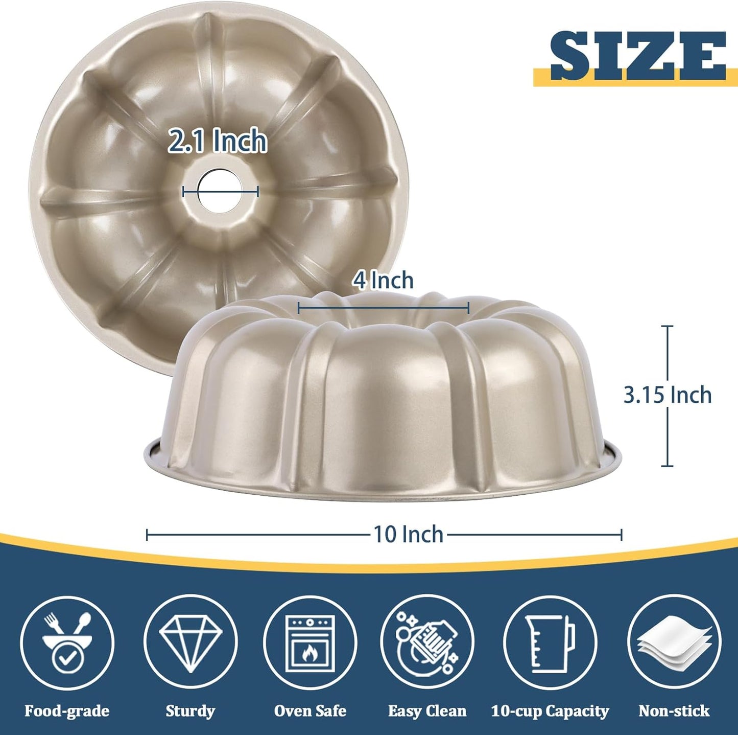 10 Inch Gold Non-Stick Cake Pan, Carbon Steel Fluted Tube Pan for Baking Pound Cake, 10-Cup Large Capacity round Bakeware, Healthy & Heavy Duty, 1 Piece
