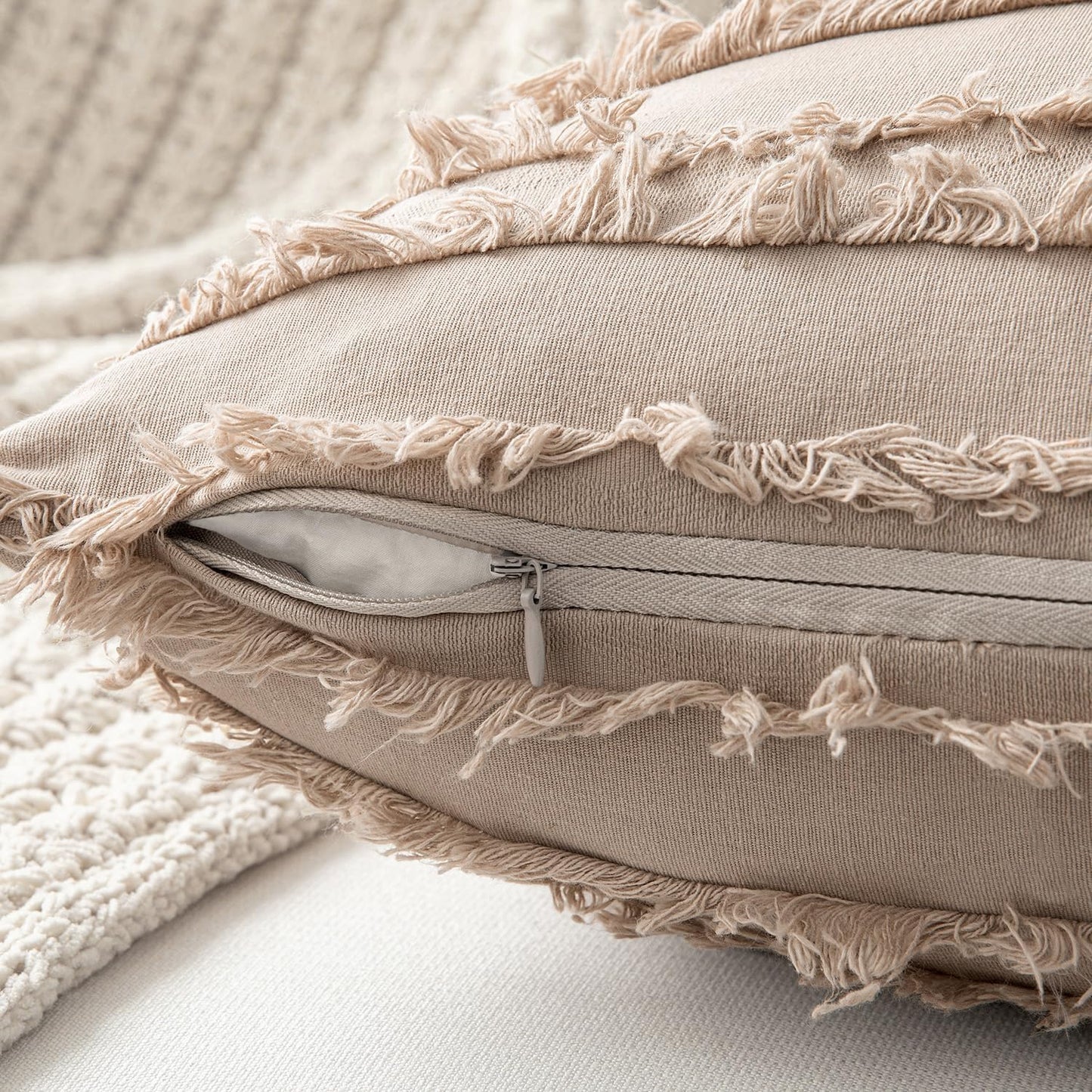 Set of 2 Decorative Boho Throw Pillow Covers Linen Striped Jacquard Pattern Cushion Covers for Sofa Couch Living Room Bedroom 18X18 Inch Beige