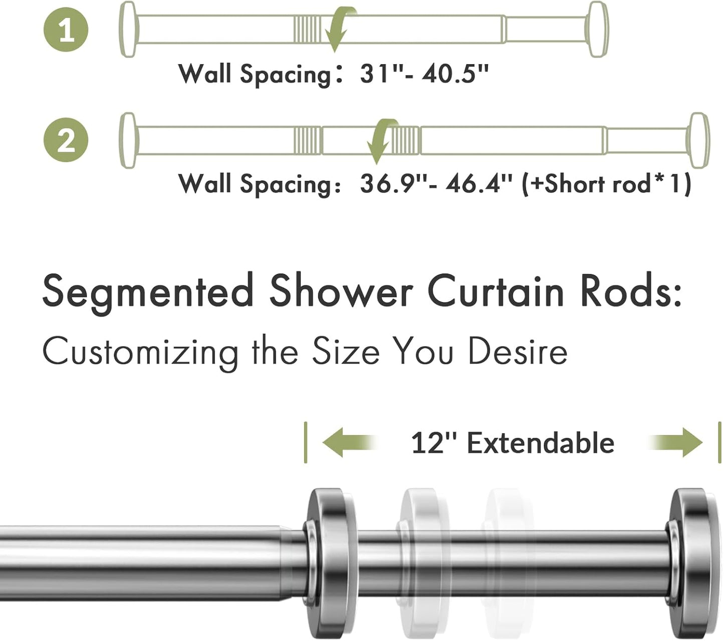 Spring Tension Shower Curtain Rod, 31-46.5 Inches Heavy Duty Tension Rod Rust Proof Bathroom Curtain Rod, Adjustable No Drill Easy Segmented Installation, Chrome