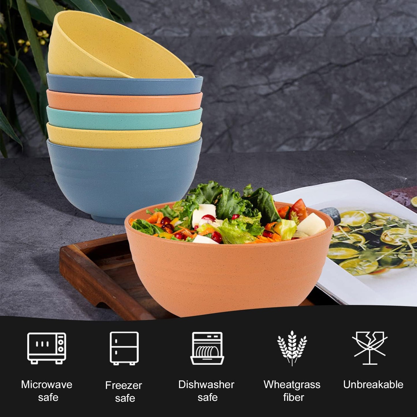 Premium 8-Piece Unbreakable Wheat Straw Cereal Bowl Set - Lightweight, Microwave and Dishwasher Safe, Ideal for Serving Soup, Oatmeal, Ramen, and Salad (Multi-Color, 26 OZ)