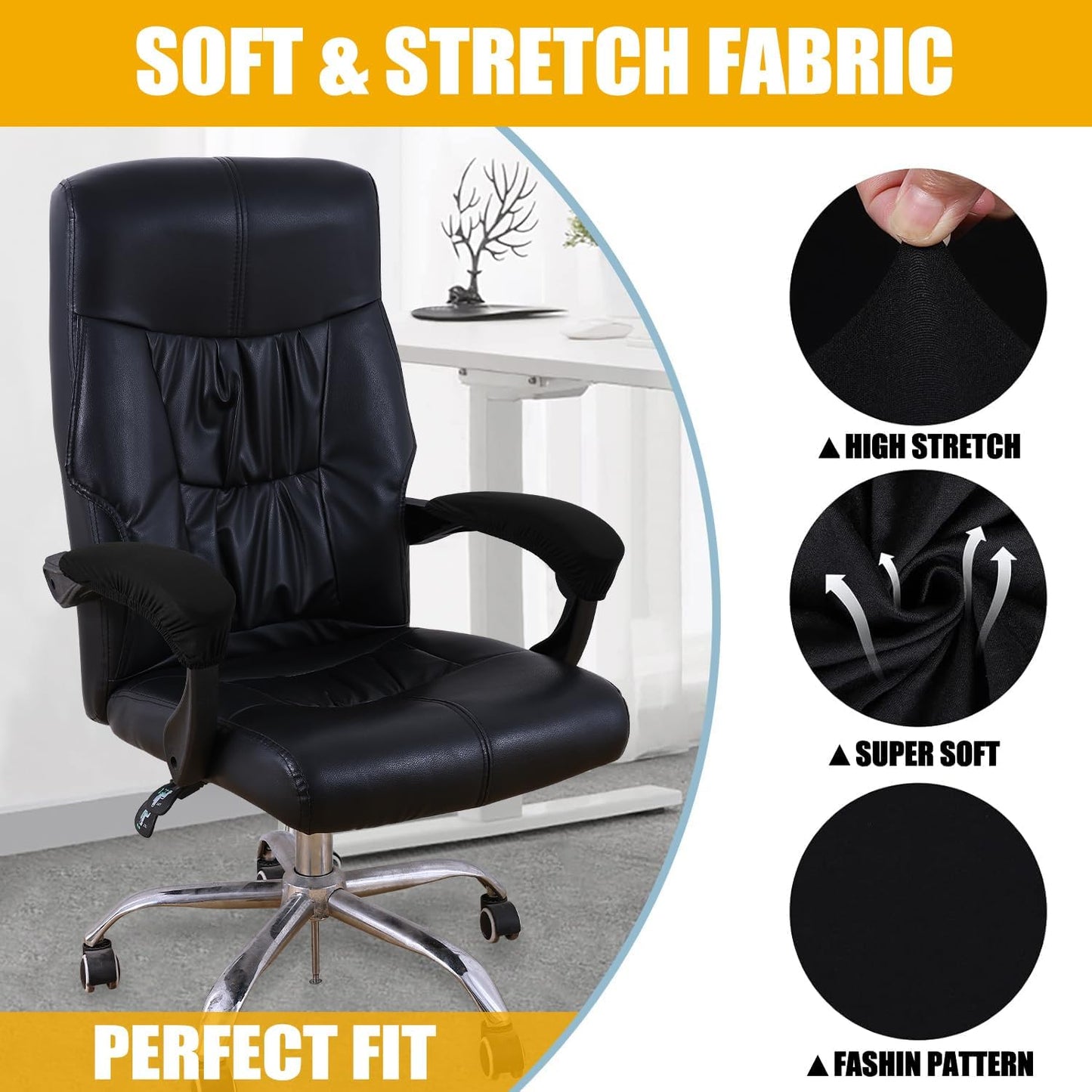 Stretch Printed Office Chair Armrest Covers, 2 Pcs Soft Fit Removable Washable Computer Desk Chair Arm Covers Protector, Black