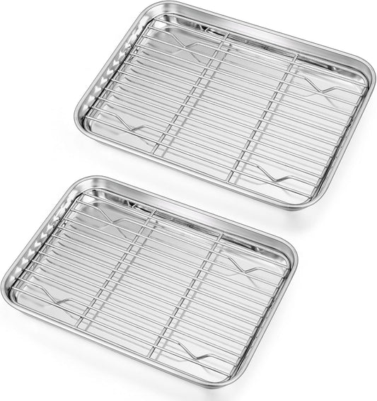 10.4 + 9 Inch Toaster Oven Pans with Racks, 4 Pieces Stainless Steel Oven Tray Baking Pan Sheet and Cooling Rack for Oven Cooking Roasting, Non Toxic & Dishwasher Safe