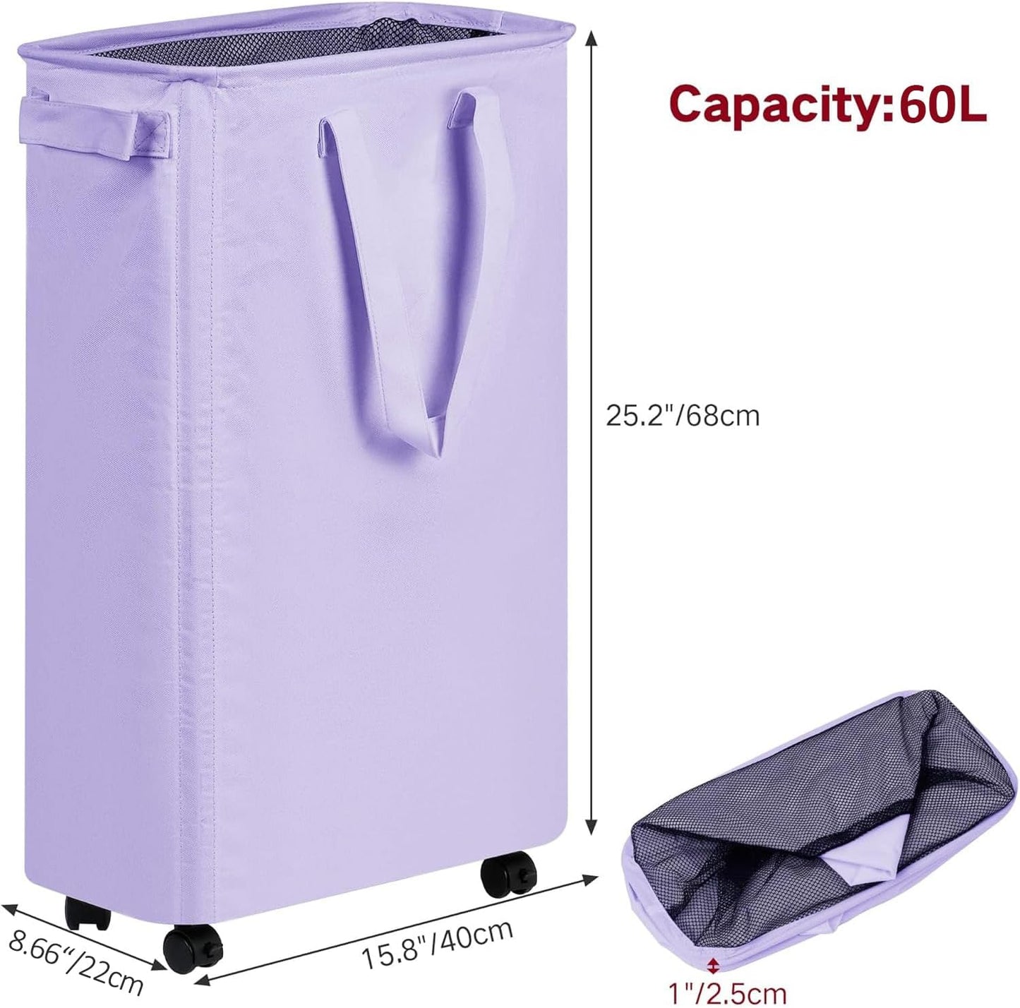 Slim Laundry Hamper with Wheels, Rolling Laundry Basket for Clothes, Small Laundry Basket for Bedroom, Dorm and Laundry Room, 60L (12.7 Gallons) Purple