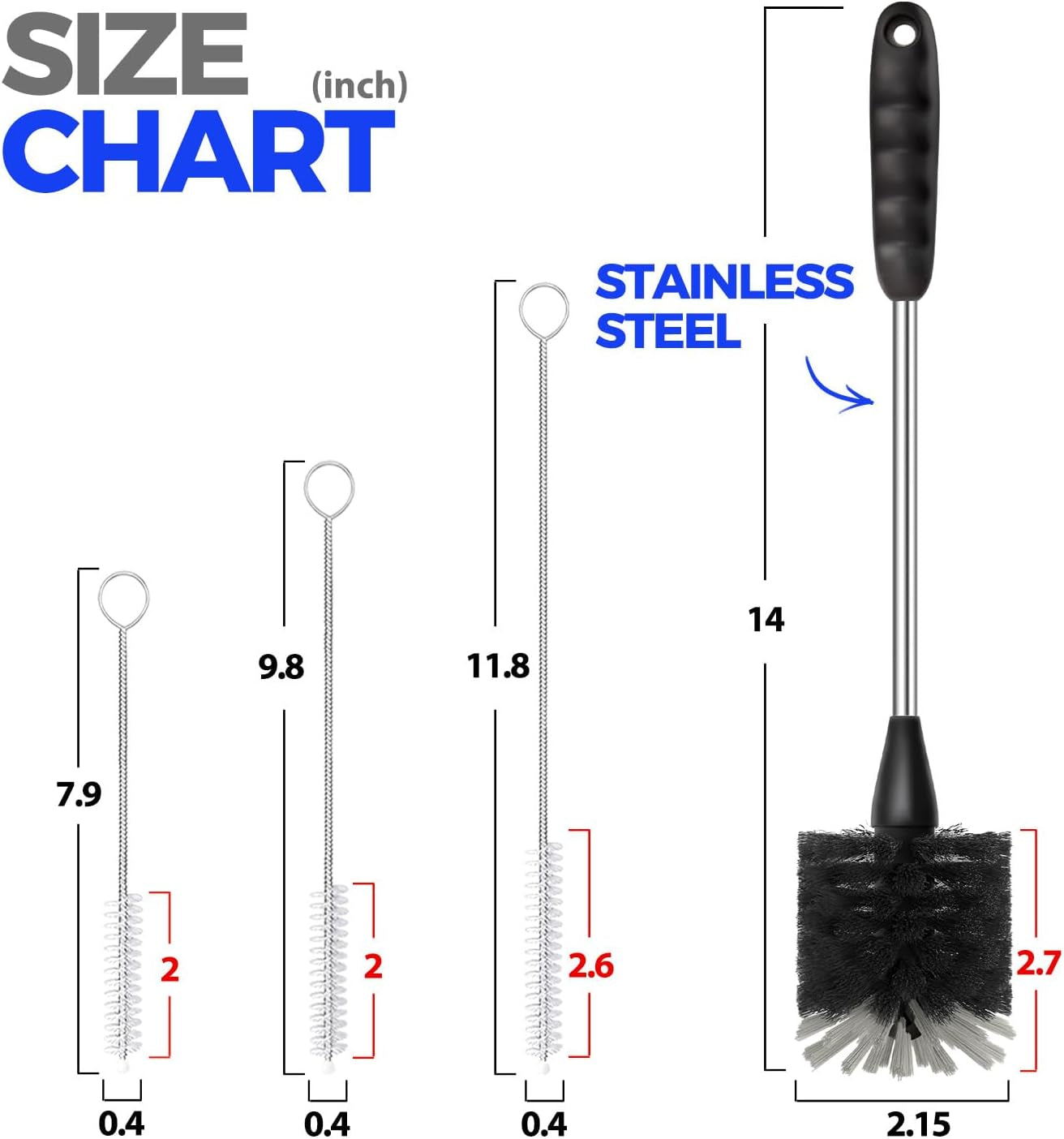 Bottle Brush Cleaner Set, 14" Long Handle Stainless Steel Bottle Cleaner Brush, 3 Straw Cleaner Brush, Bottle Cleaning Brush for Water Bottle, Cups, Abrasive Wheel Brushes, Straws Black