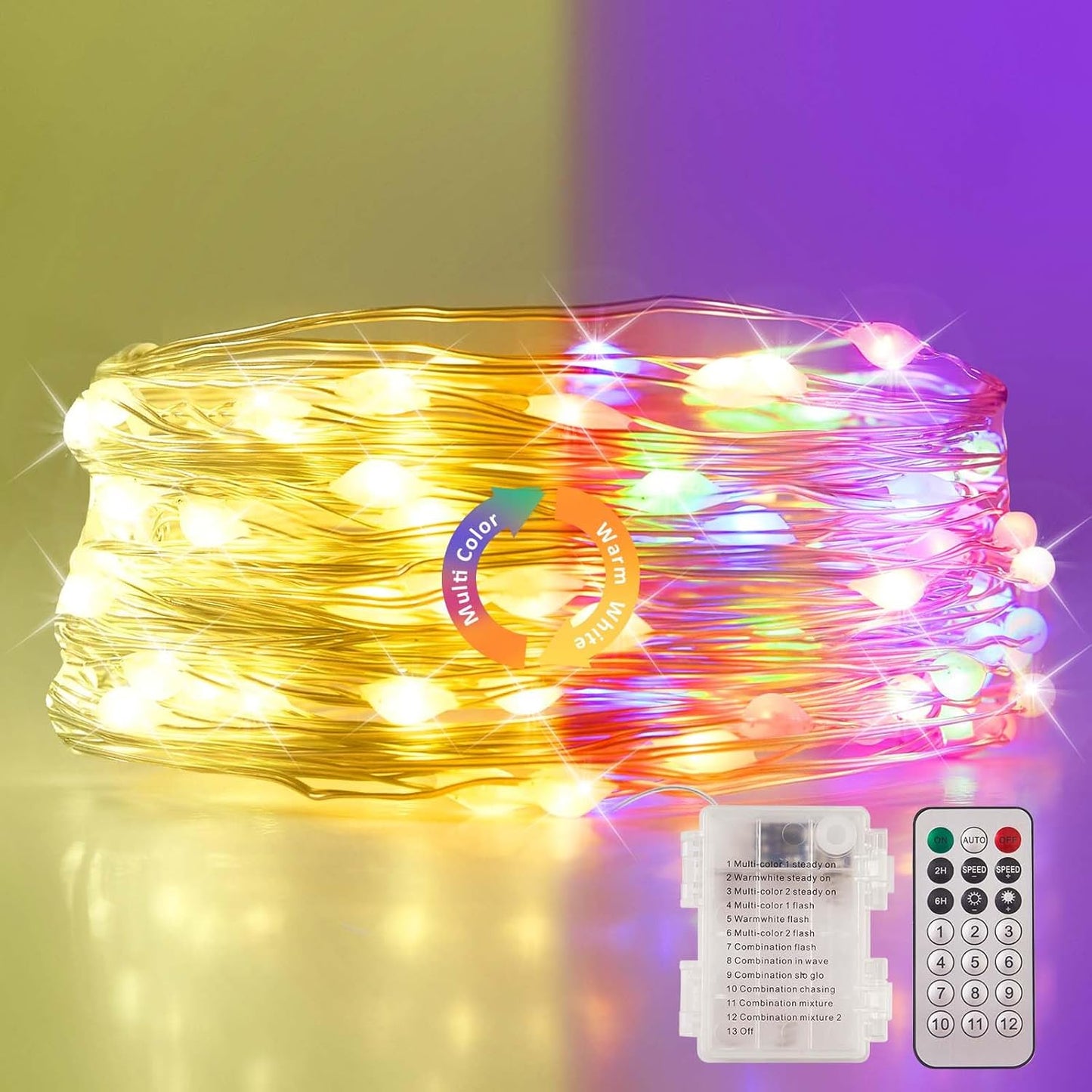1 Pack Warm White & Multi-Color Battery Operated String Lights, 5M/16.4Ft. 50 Leds Remote Control Timer 12 Modes Optional Twinkle Battery Powered Fairy Lights Sliver Wire Firefly Lights