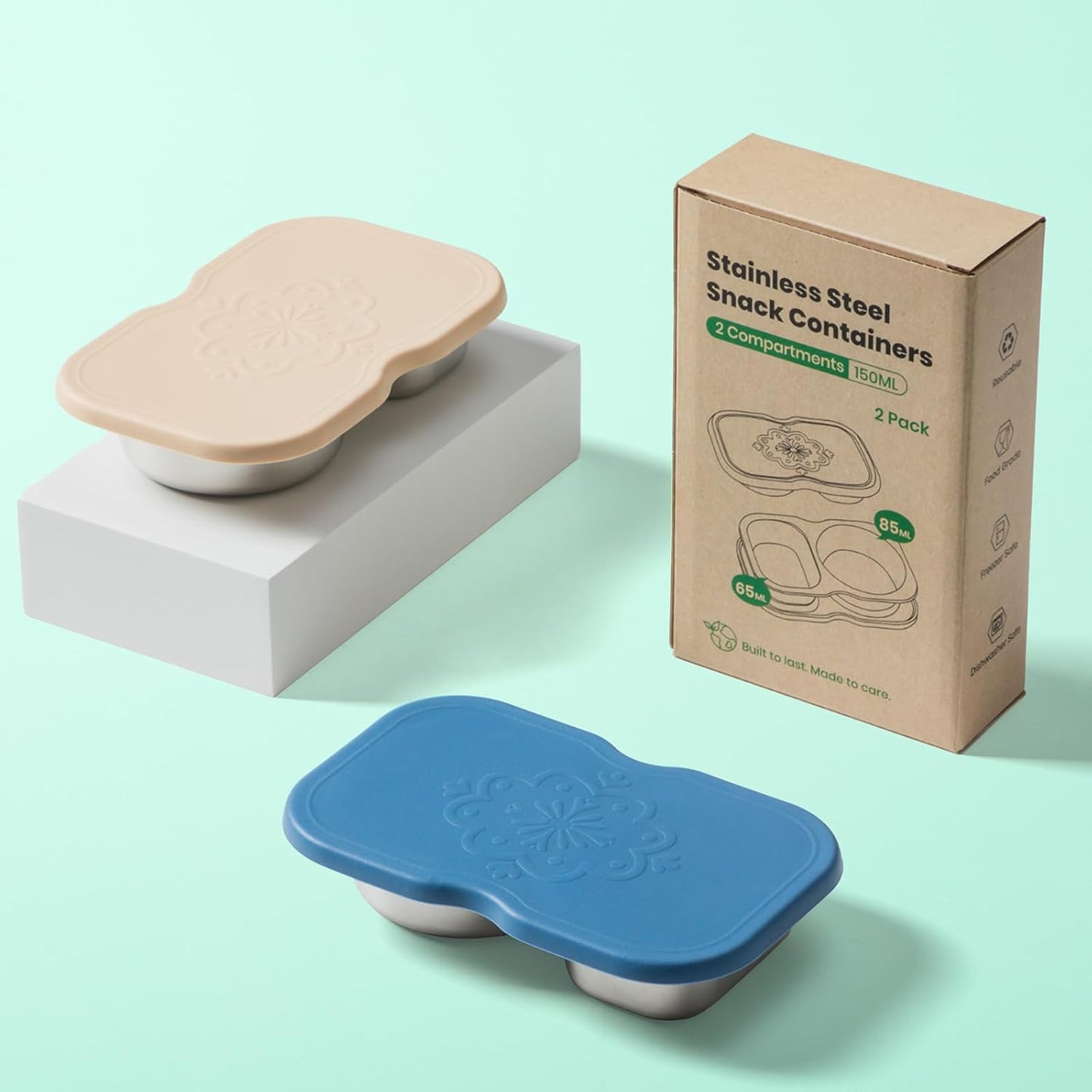 2 Pack Stainless Steel 2-Compartment Small Snack Containers with Lids, Reusable Snack Pack Containers, Lunch Box Accessories,Double Compartment Salad Dressing Containers to Go, 5.3Oz