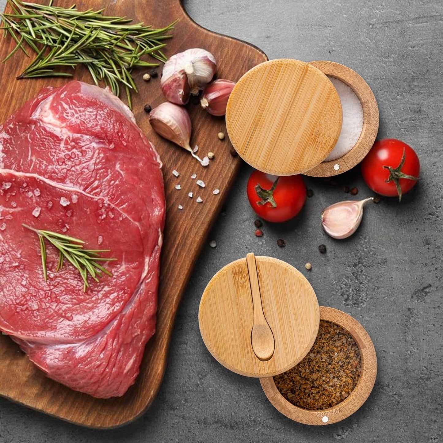 Bamboo Salt Cellar, Salt Box with Magnetic Swivel Lid, Spice Box with Spoon, round Salt Container for Storing Salt Pepper Sugar Herbs,6 Ounce Capacity