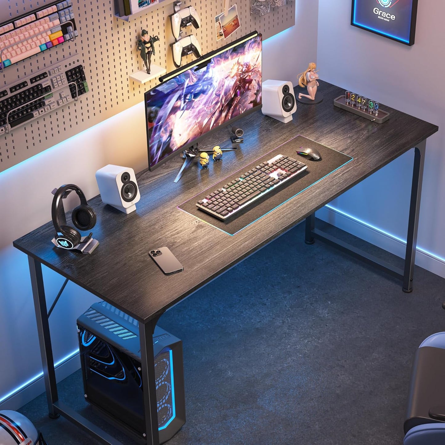 55-Inch Modern Home Office Desk with Sturdy Metal Frame and Ample Legroom for Gaming and Writing, Grey