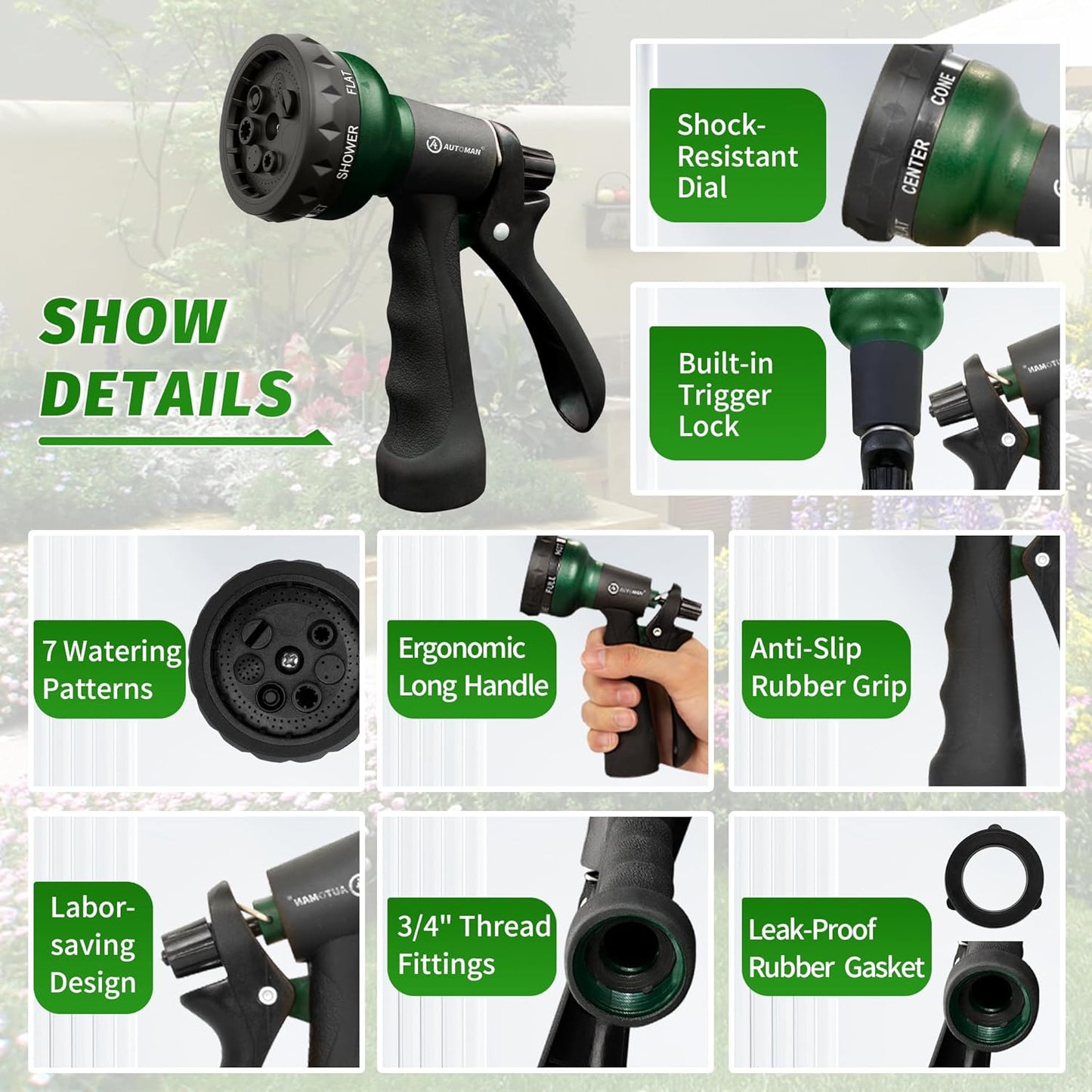 Garden Hose Nozzle, Water Sprayer Nozzle with 7 Adjustable Watering Patterns,Slip Resistant Nozzle for Plants,Lawn,Washing Cars,Window Cleaning,Showering Pets & Outdoor Fun.