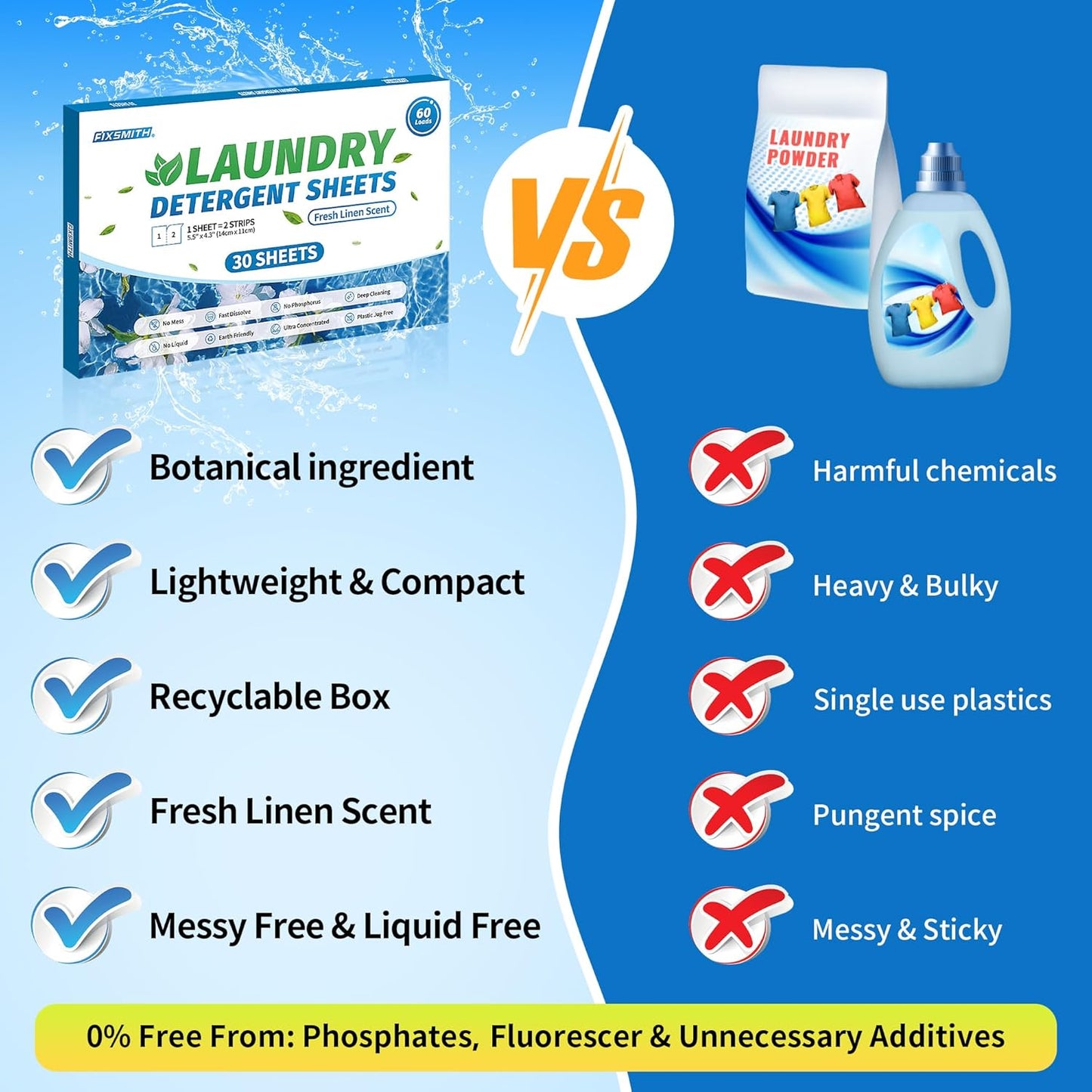 Laundry Detergent Sheets - 60 Loads (30 Sheets) Fresh Linen Scent - Hypoallergenic,Eco Friendly Laundry Soap Sheets Ultra-Concentrated Travel Detergent Sheets.Plastic-Free,Liquidless.