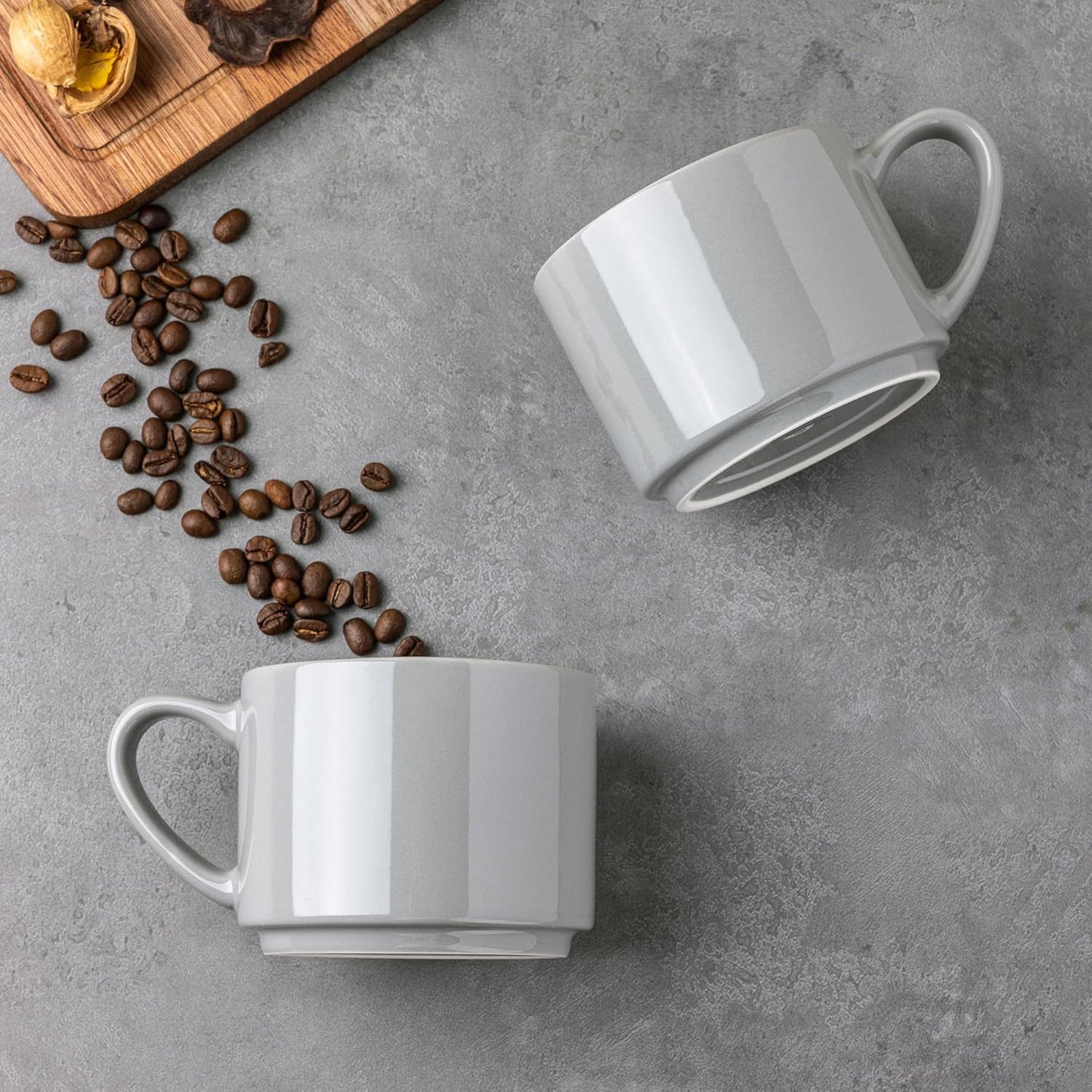 Set of 6 Modern 14oz Stackable Grey Ceramic Coffee Mugs for Hot Beverages