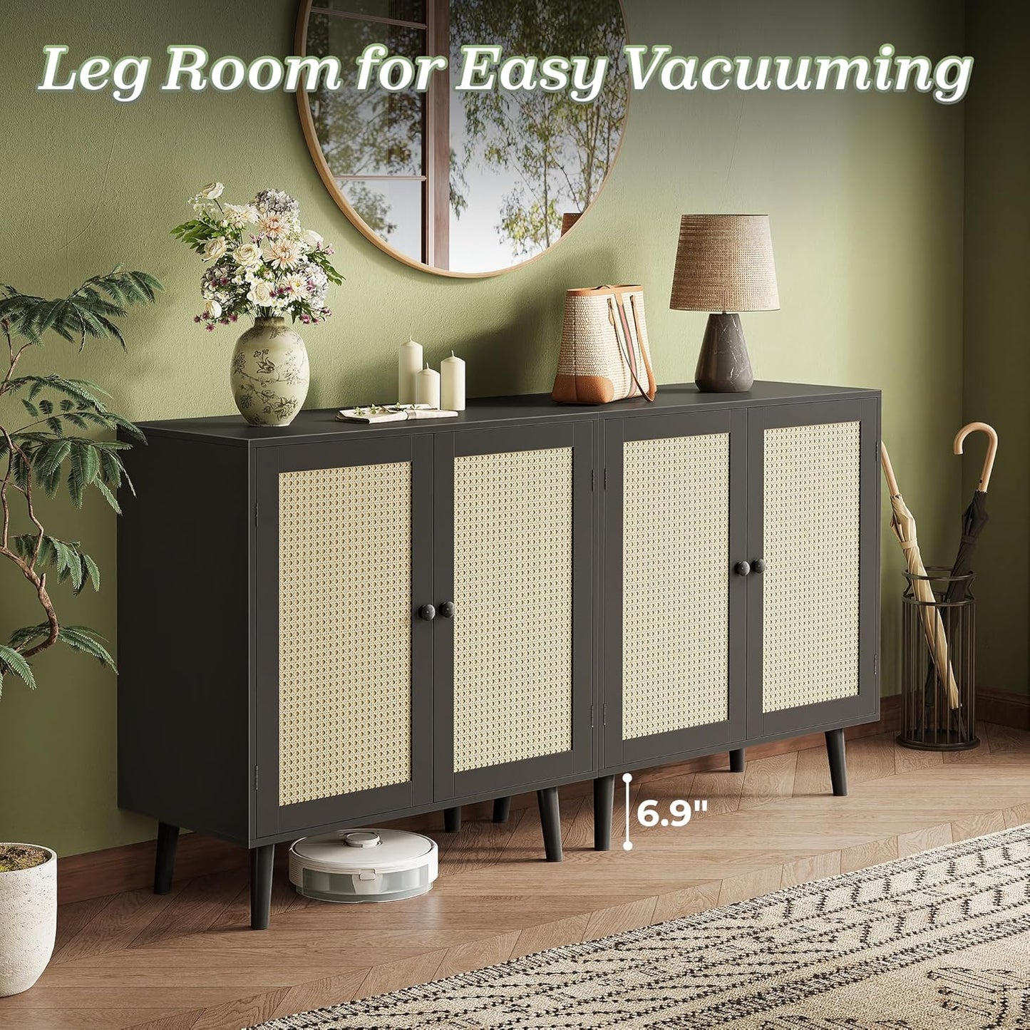 Buffet Cabinet with Storage and Synthetic Rattan Decor Doors, Solid Wood Legs, Ideal for Hallway, Entryway, or Living Room, Black Finish