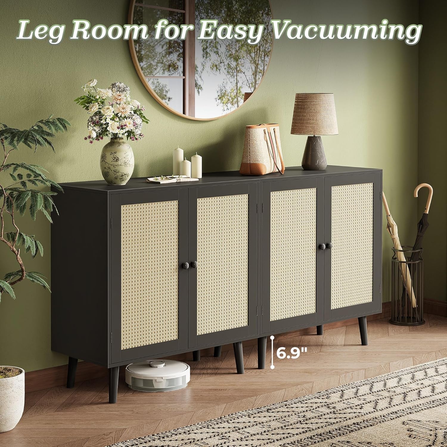 Buffet Cabinet with Storage and Synthetic Rattan Decor Doors, Solid Wood Legs, Ideal for Hallway, Entryway, or Living Room, Black Finish