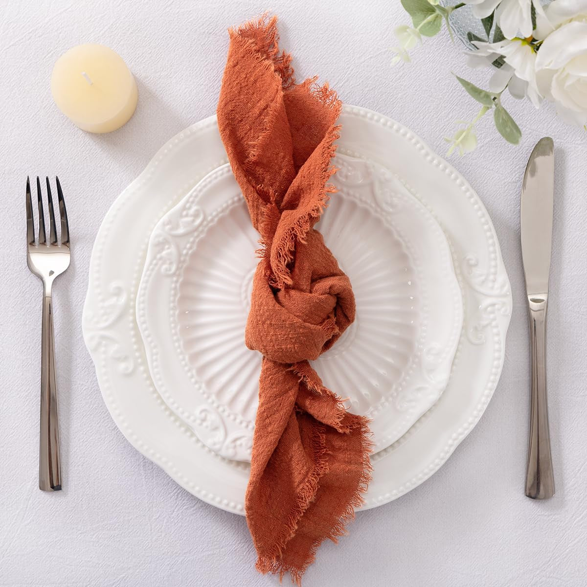 Set of 6 Linen Napkins Terracotta Easter Spring Cloth Napkins Washable Cotton Dinner Napkins Fringe 17"X17" for Wedding Party Bridal Baby Shower Birthday Table Decorations
