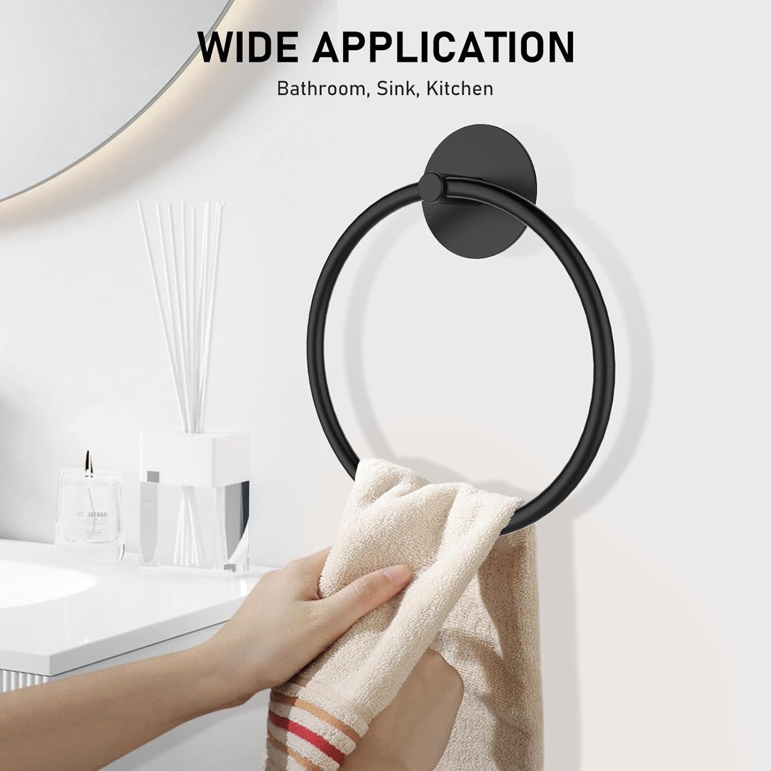 Adhesive Towel Holder Stainless Steel Hand Towel Ring for Bathroom Wall Matte Black Towel Hanger for Bathroom Accessories