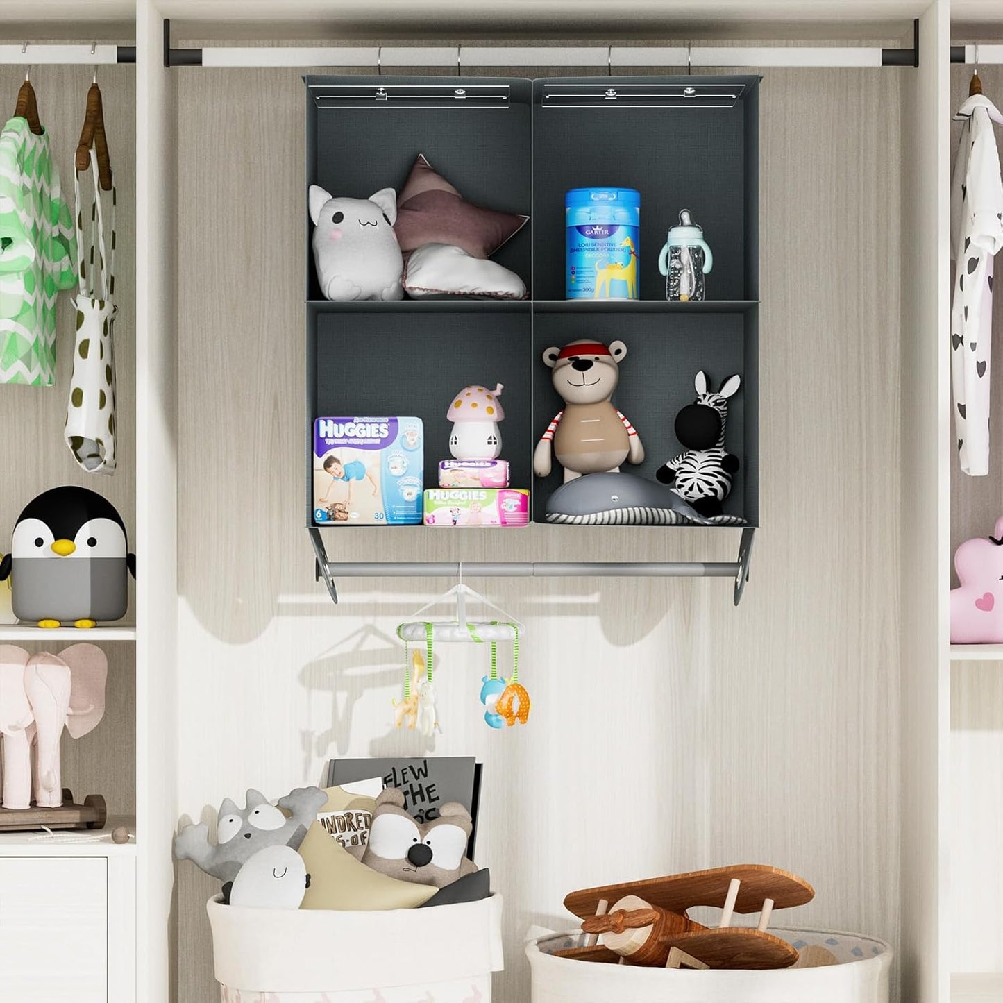 4-Section Hanging Closet Organizer and Storage, Heavy Duty Hanging Shelves with Rod, Closet Storage for College Dorms, RV, Dark Grey