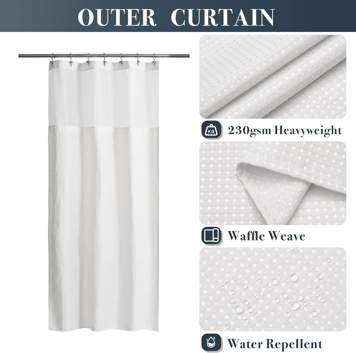 Stall Waffle Weave Shower Curtain with Snap-In Fabric Liner & Hooks Set - 36" X 72" Small Shower Stall Size, Hotel Style & Mesh Top Window, Machine Washable - 36X72, White