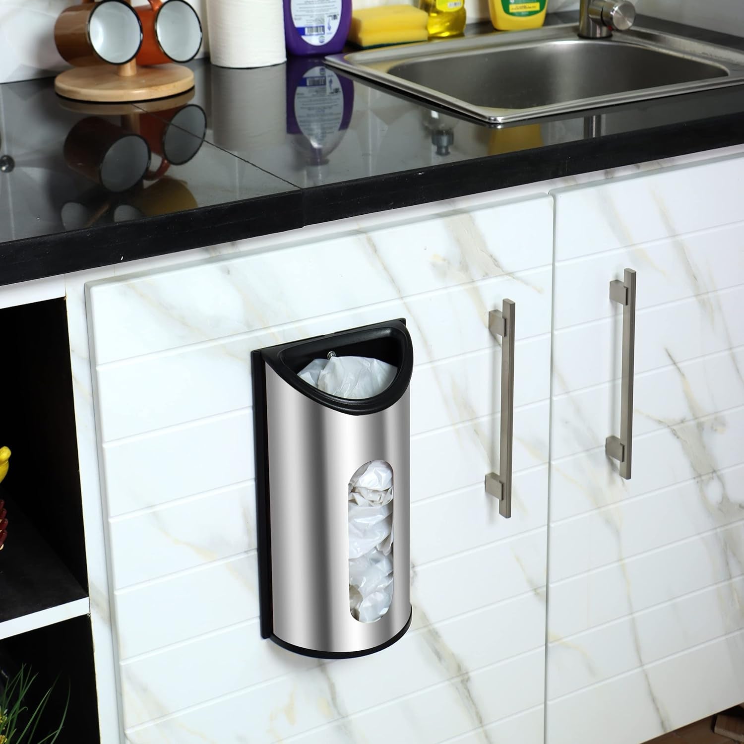 Grocery Plastic Bag Holder and Dispenser Medium, Easy Wall Mount Bag Saver, Stainless Steel, Silver