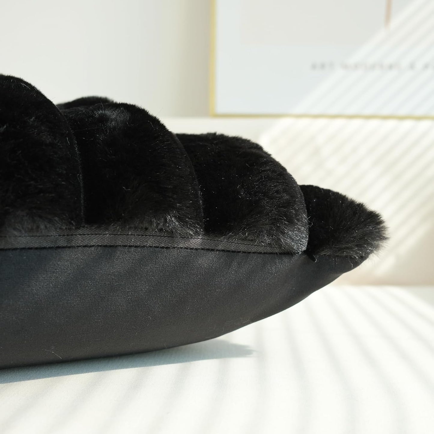 Pack of 2 Faux Fur Plush Decorative Throw Pillow Covers Couch Cushion Case Soft Fluffy Pillowcases Wide Stripe (Black, 18 X 18 Inch)