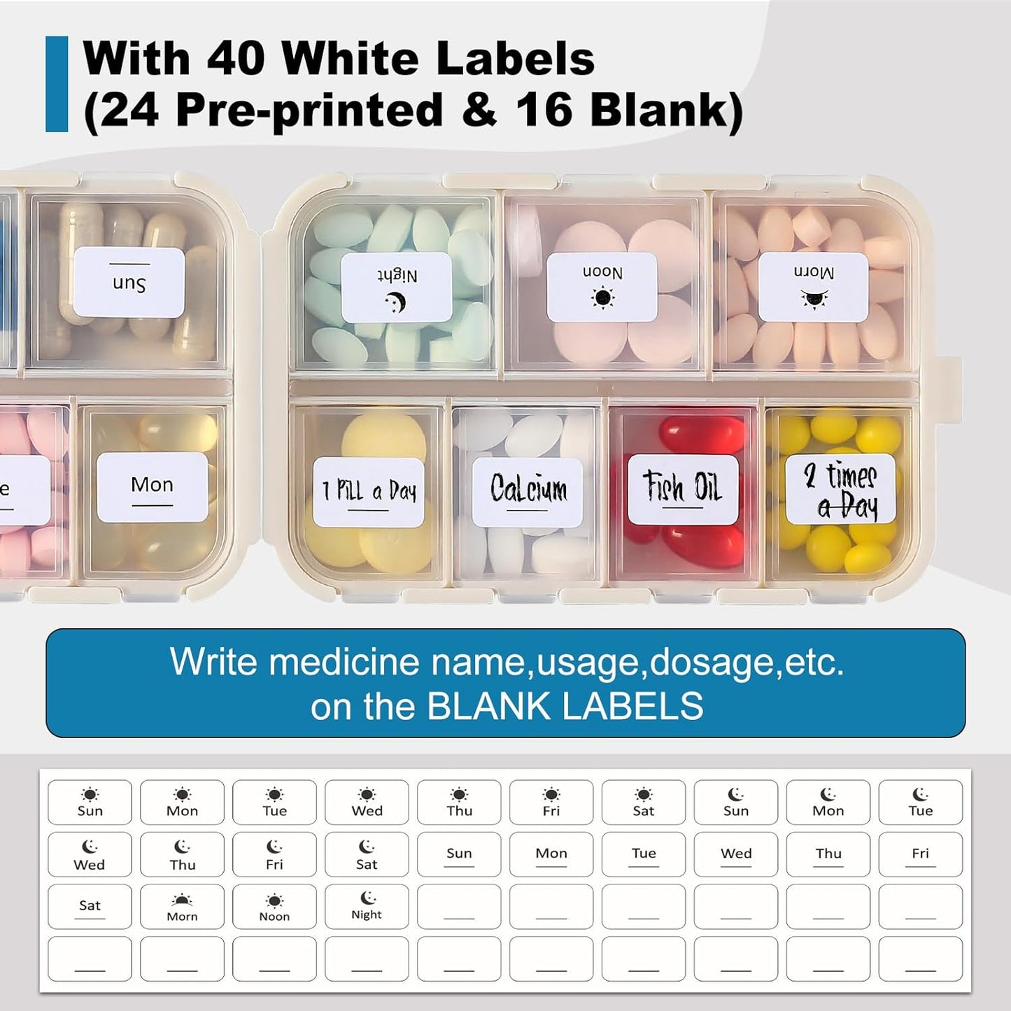 14 GRIDS Travel Pill Organizer Box with Labels - Travel Medicine Case Kit - Pocket Daily Pharmacy Container - Travel Medication Holder Dispenser for Fish Oil Vitamin Supplement Storage - Khaki