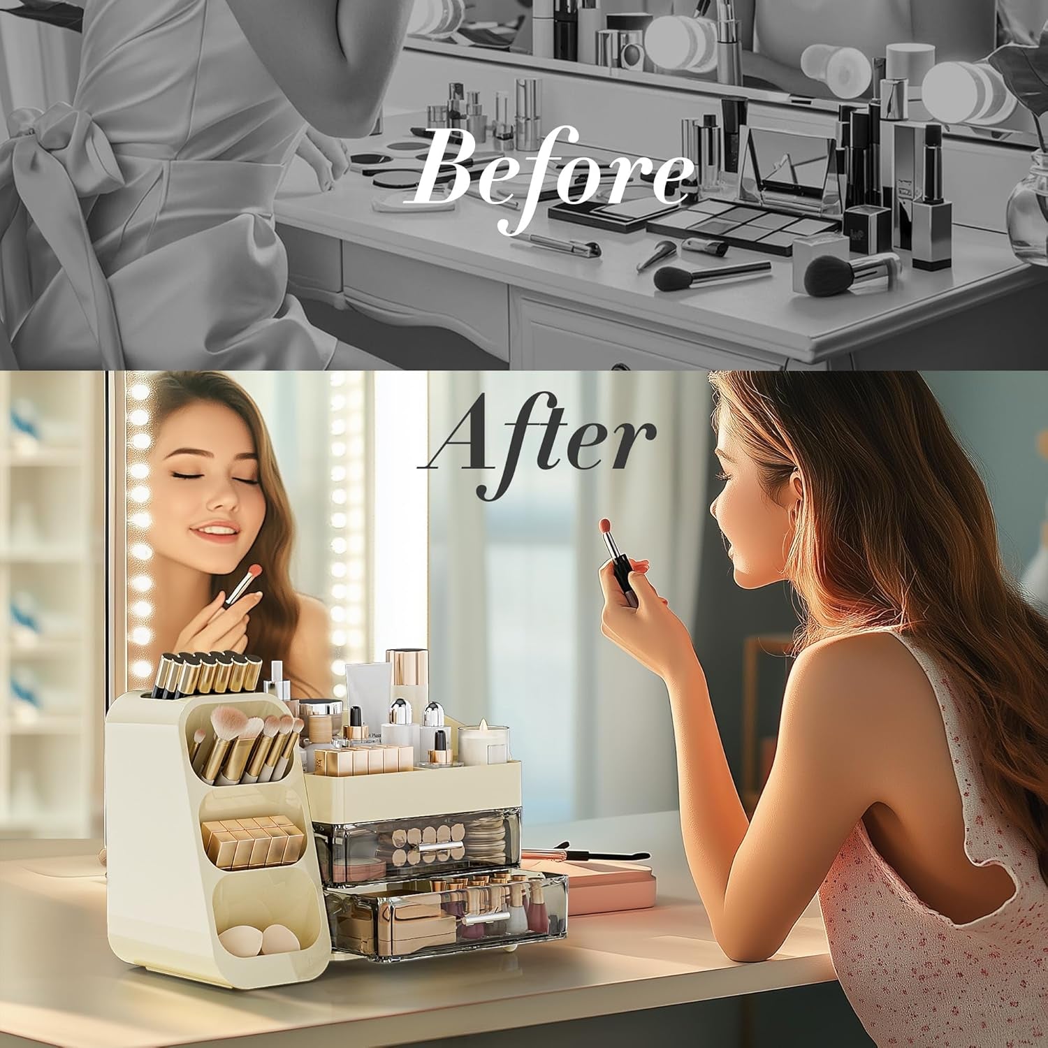 Makeup Organizer with Drawers for Vanity, Spacious Cosmetic Display Case with Makeup Brush Holder, Perfect Vanity Bathroom Organizer and Storage Solution for Skincare & Beauty Essentials, Beige