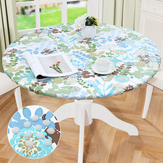 round Fitted Tablecloth with Elastic Edge, 100% Waterproof Oil Proof Plastic Table Cover, Vinyl Flannel Backed Tablecloth Fits 45"-56" round Tables for Dinner, Outdoor, Picnic, Leaves