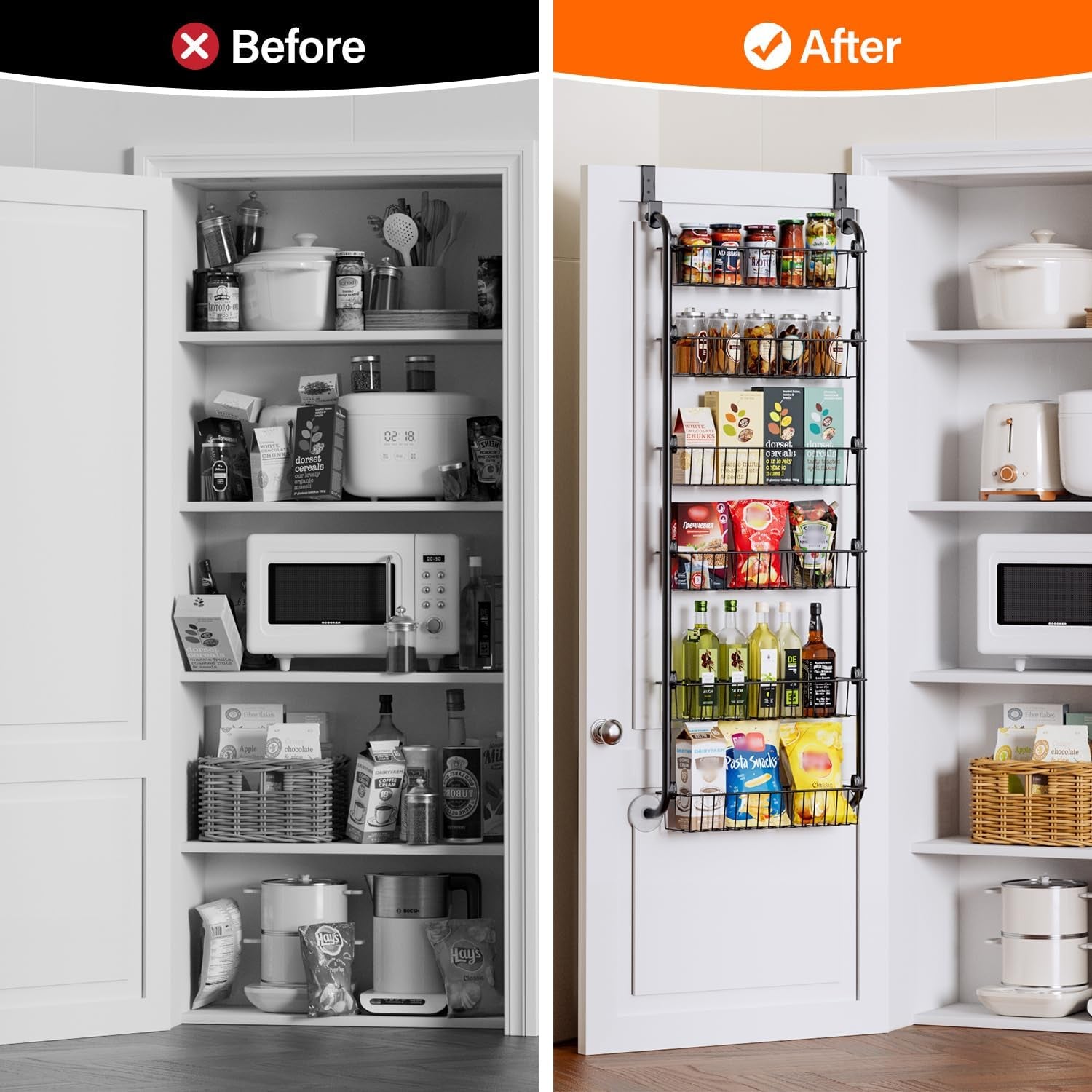 over the Door Pantry Organizer, 6-Tier Metal Pantry Door Organization and Storage, Hanging Kitchen Basket Spice Rack Seasoning Shelves, Cabinet Door Organizer for Easy Install,D5Xw18Xh50Inch